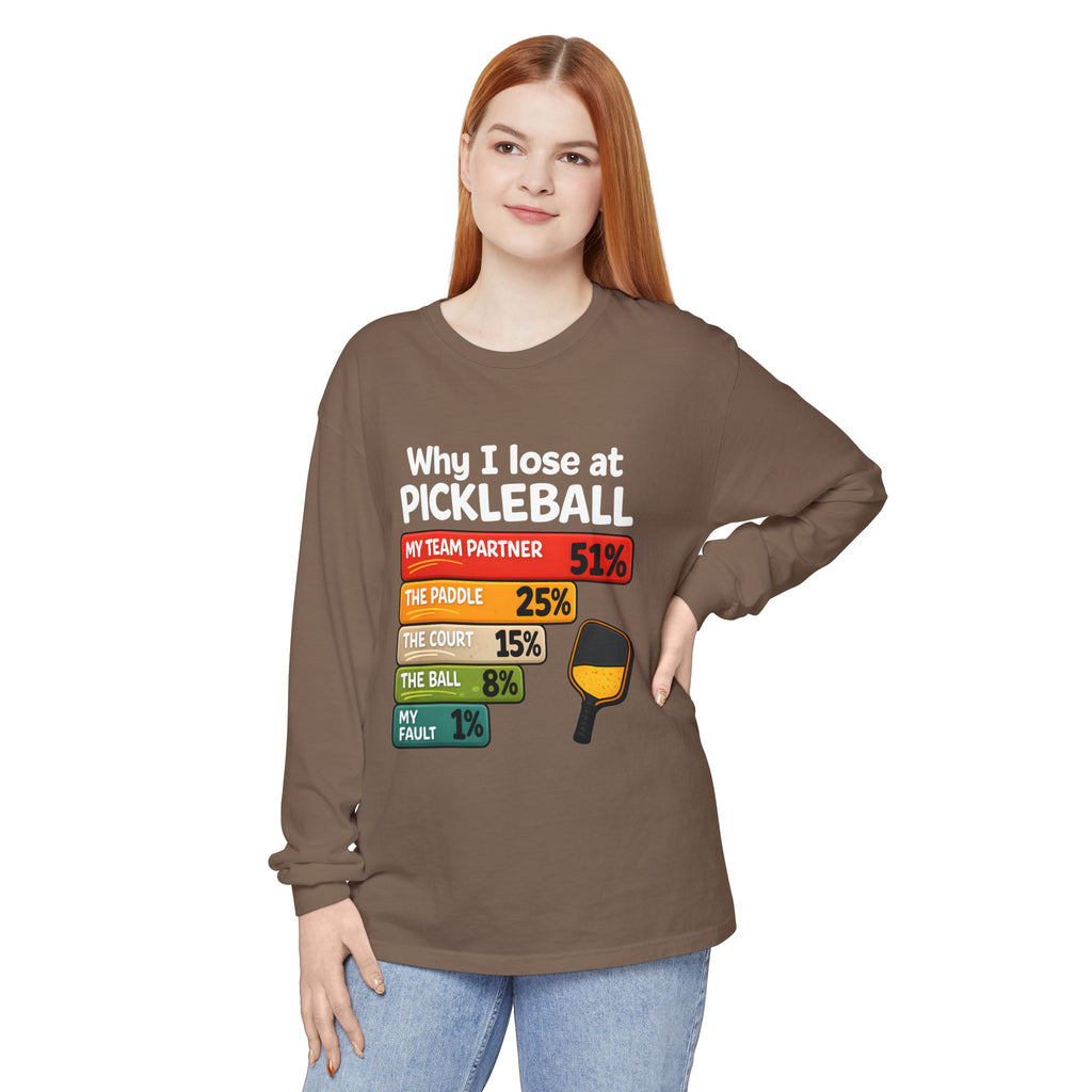 Pickleball Humor Long Sleeve Tee — "My Team Partner 51%" Statistic Graphic