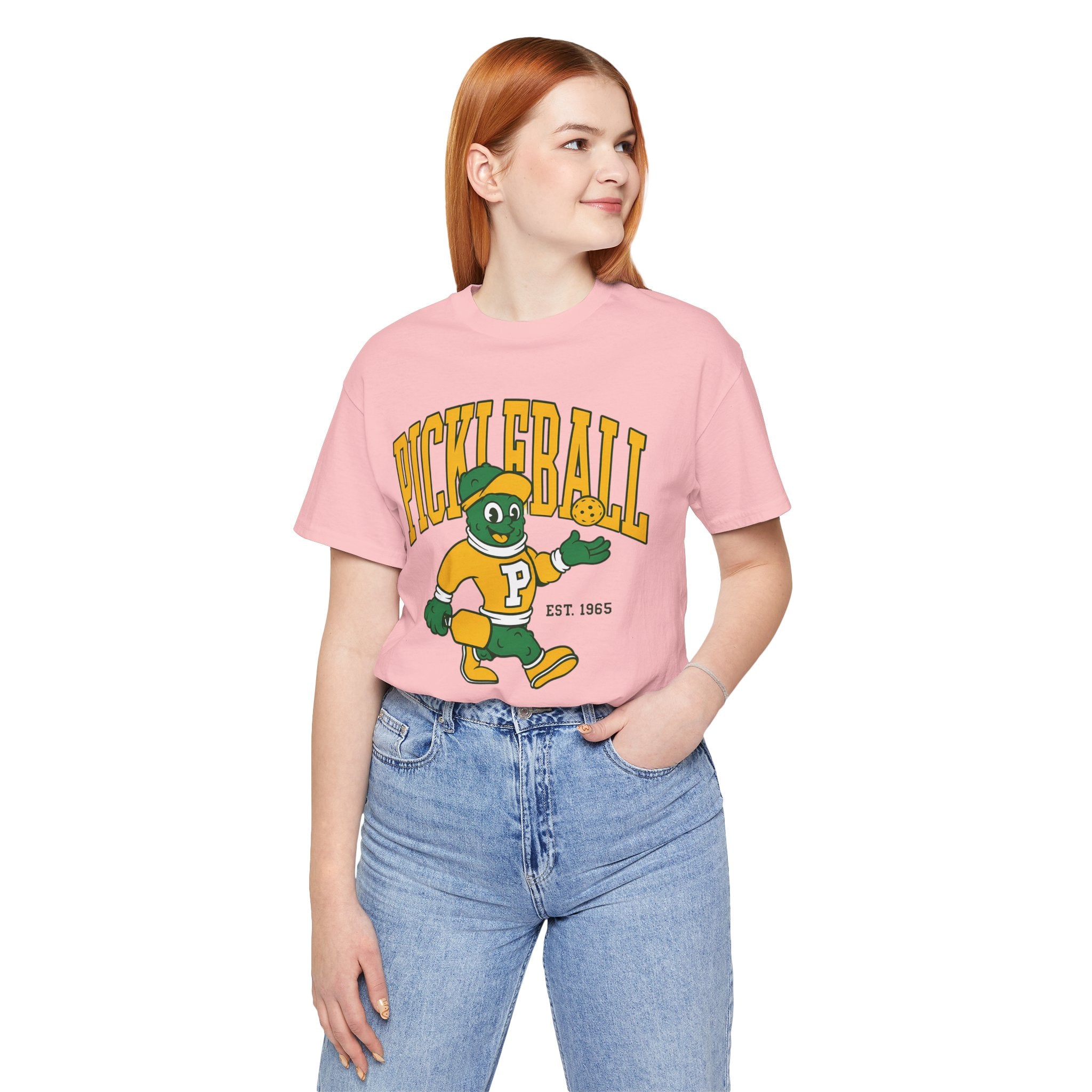 Pickleball Mascot T‑Shirt – Vintage Green & Gold “PICKLEBALL” Graphic (Est. 1965)