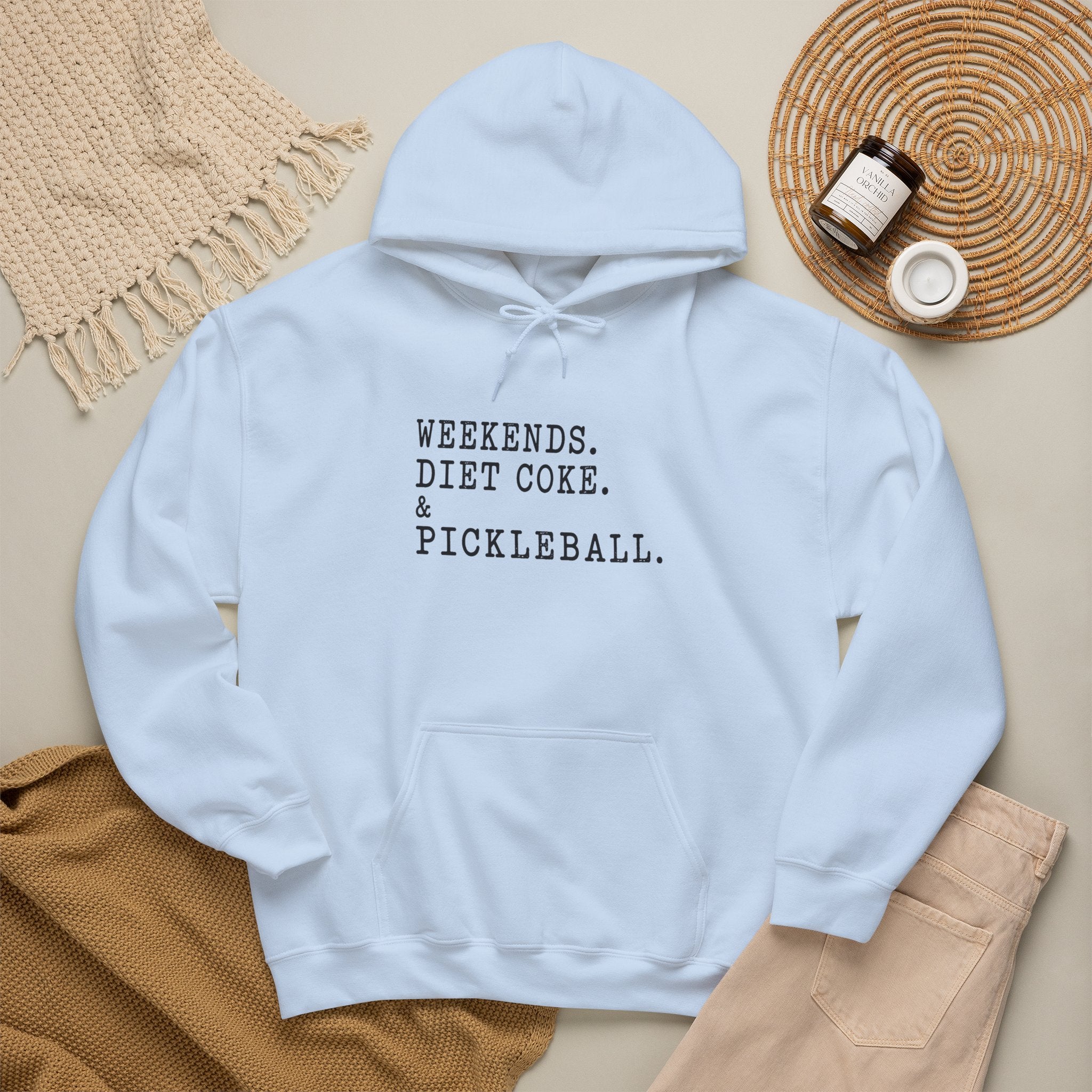 Pickleball Hoodie - "Weekends. Diet Coke. & Pickleball." Cozy White Pullover
