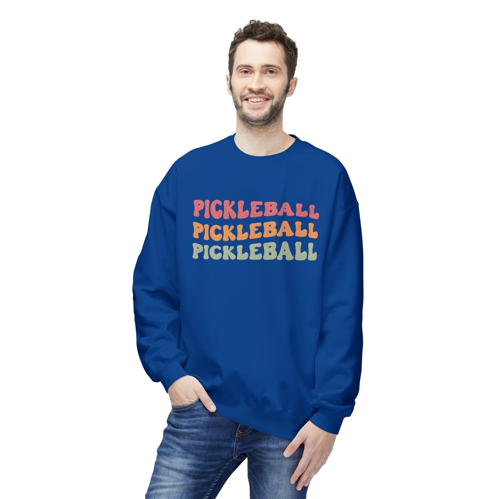 Pickleball Repeat Crewneck Sweatshirt — Retro Rainbow Pickleball Design