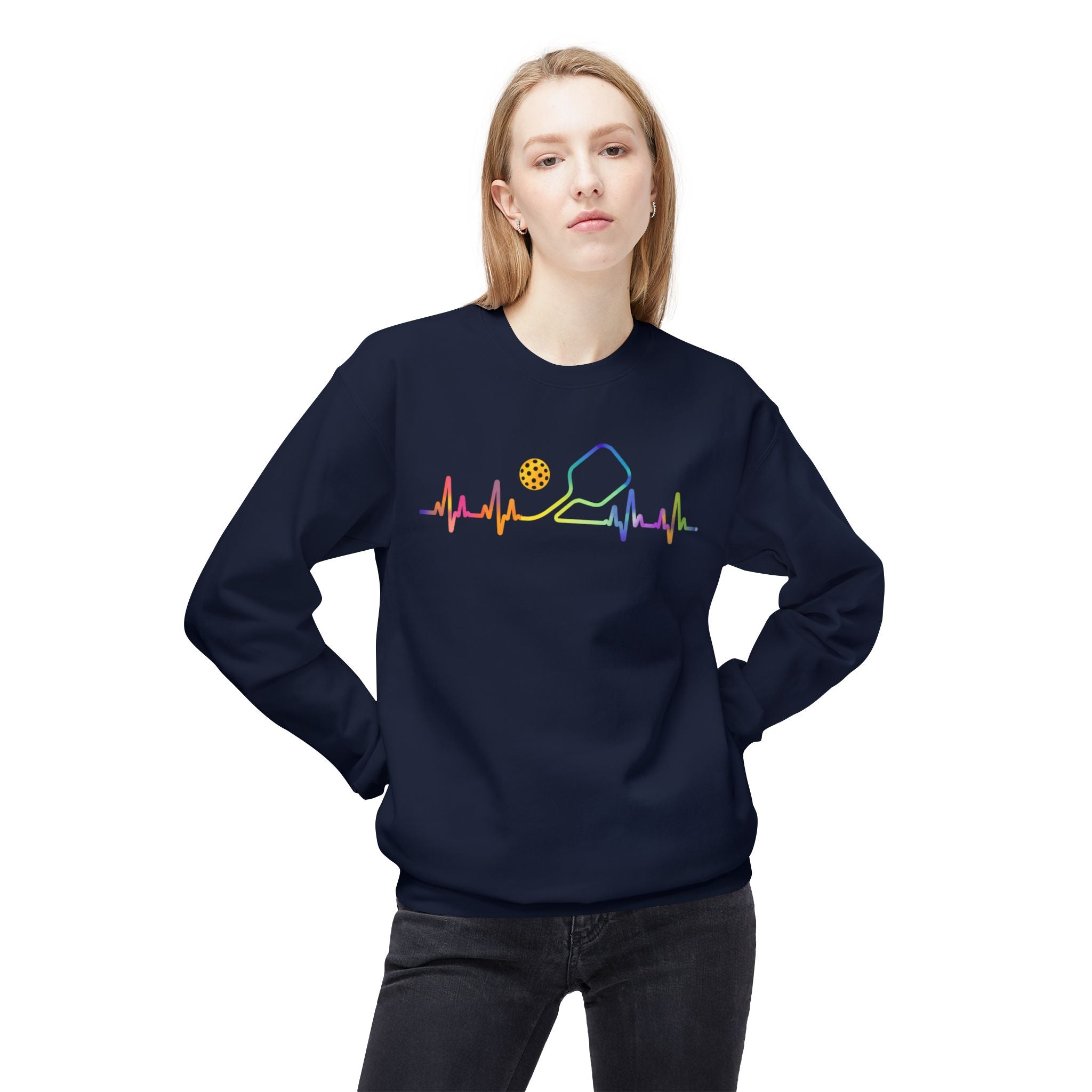 Pickleball Heartbeat Crewneck Sweatshirt — Rainbow Paddle & Ball Design