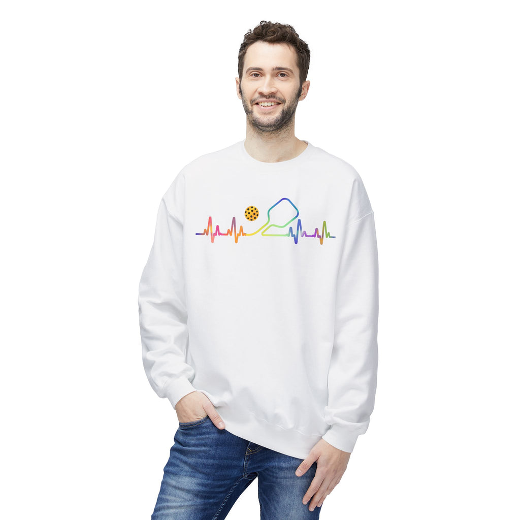 Pickleball Heartbeat Crewneck Sweatshirt — Rainbow Paddle & Ball Design