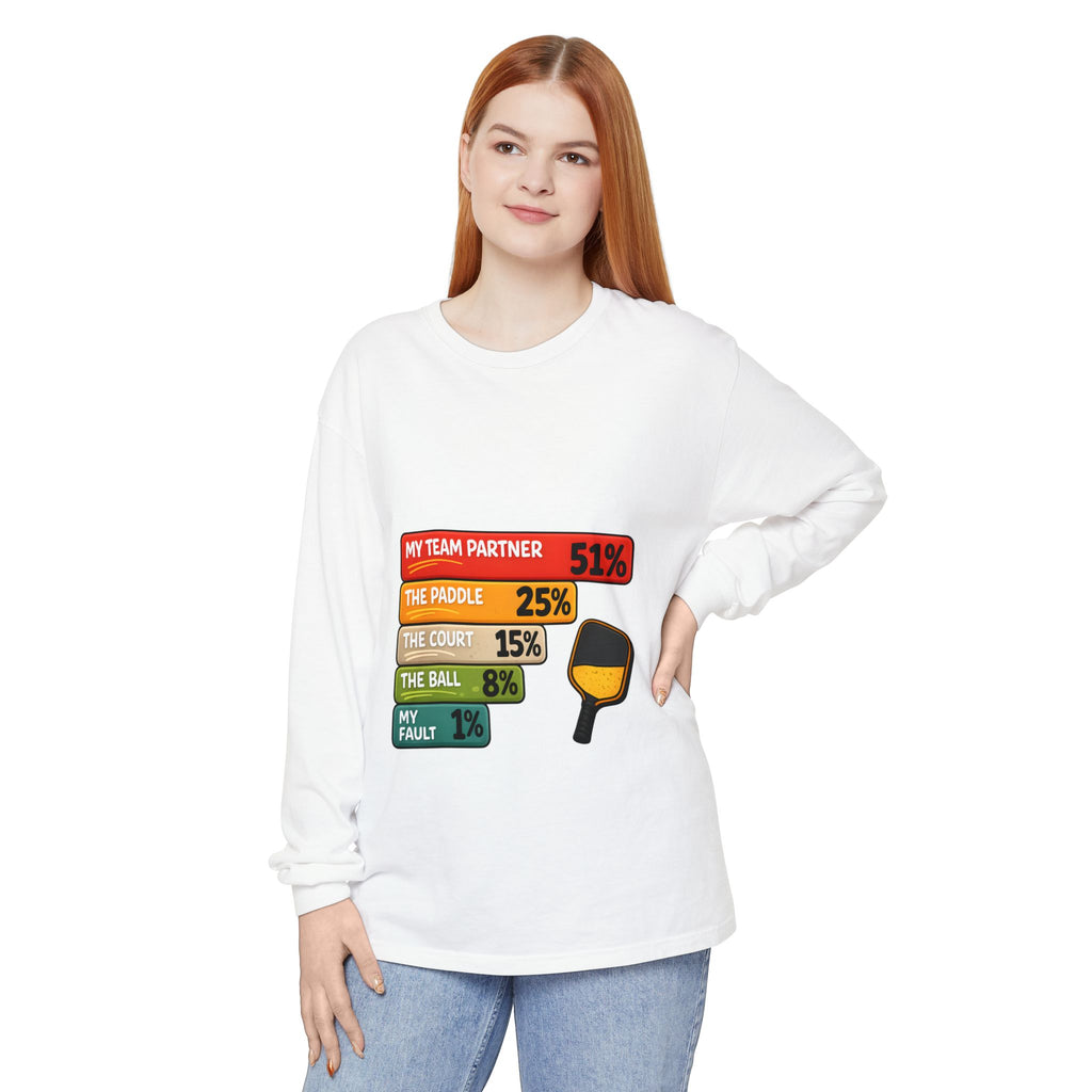 Pickleball Humor Long Sleeve Tee — "My Team Partner 51%" Statistic Graphic