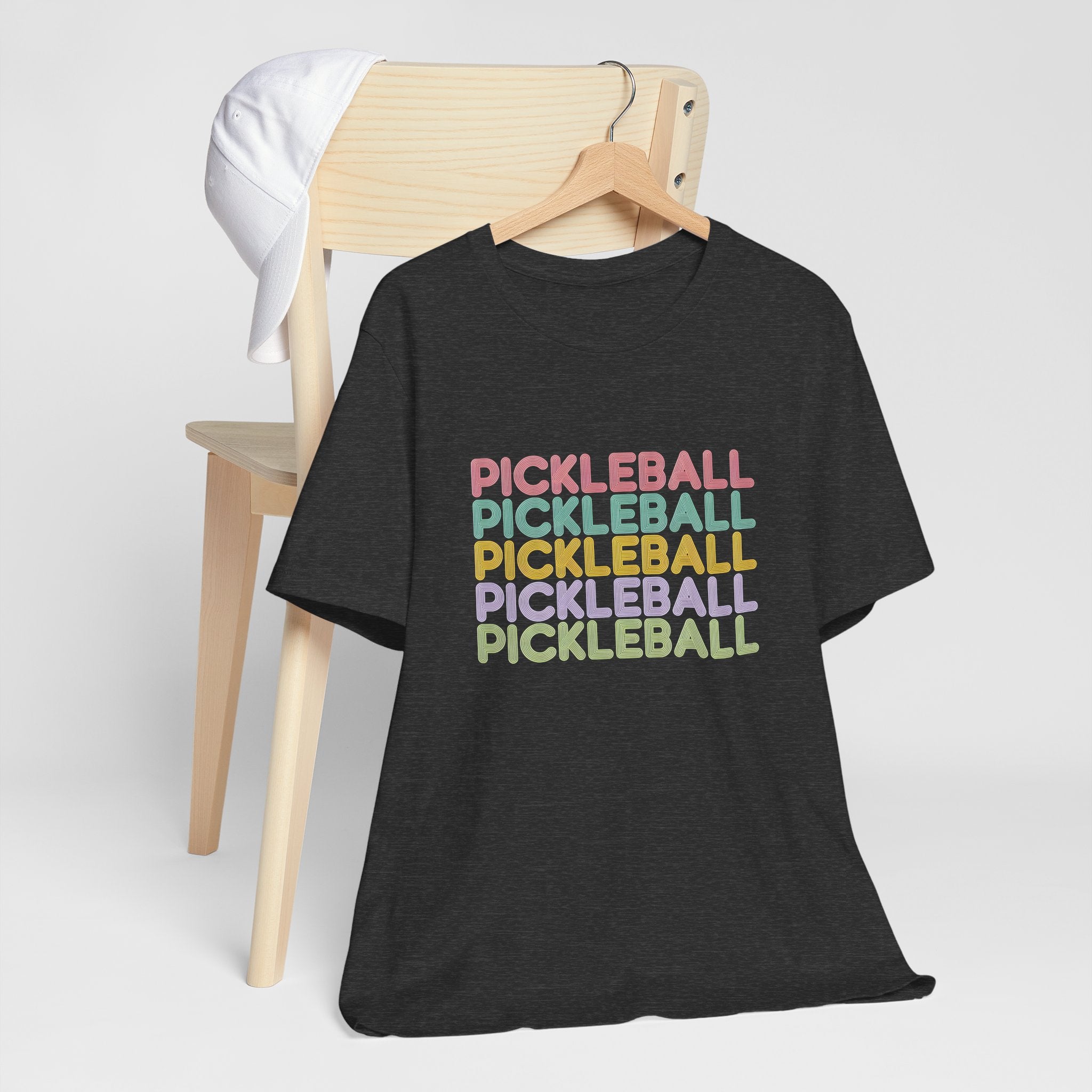Pickleball Retro Stack Tee — Colorful Repeated Text Graphic T-Shirt