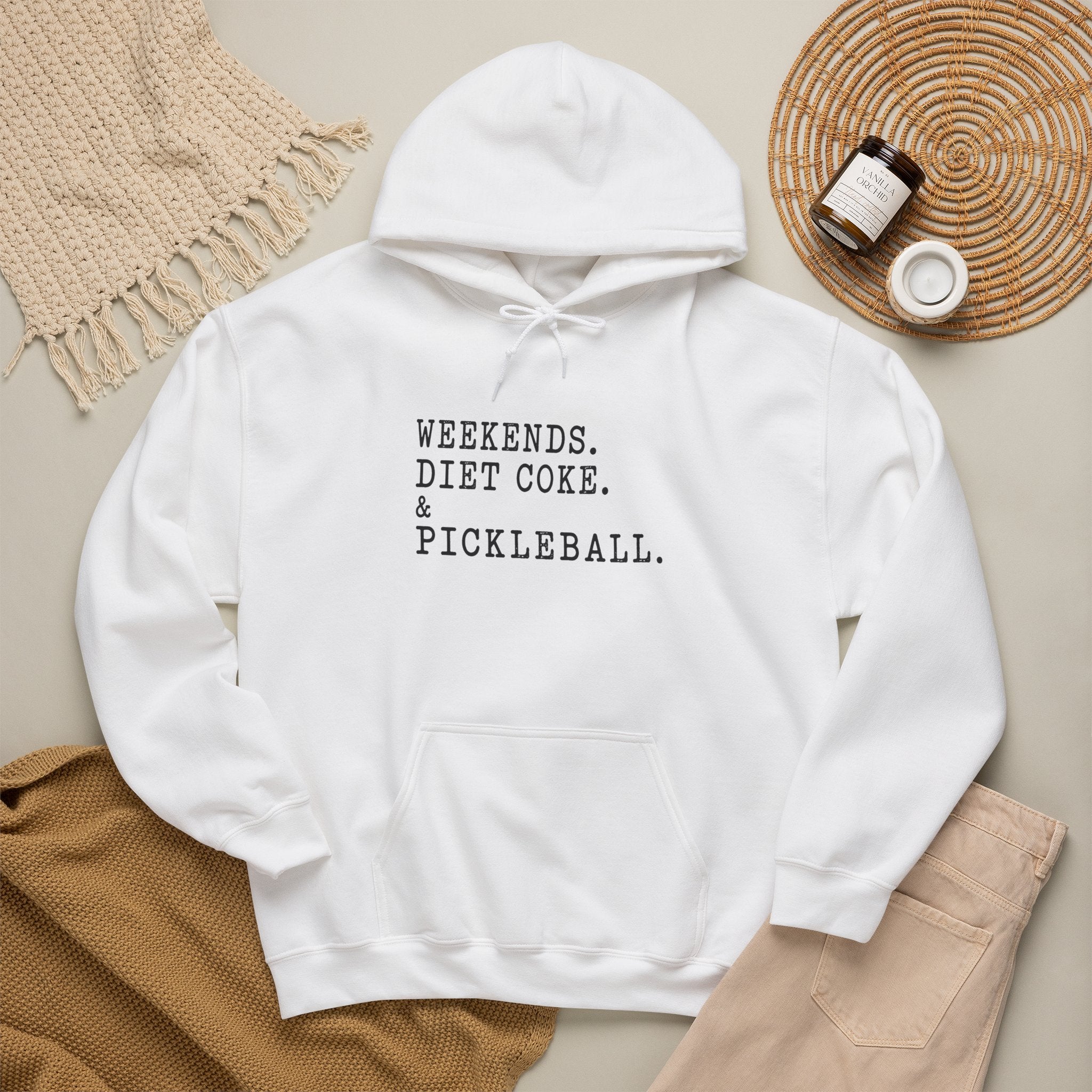 Pickleball Hoodie - "Weekends. Diet Coke. & Pickleball." Cozy White Pullover