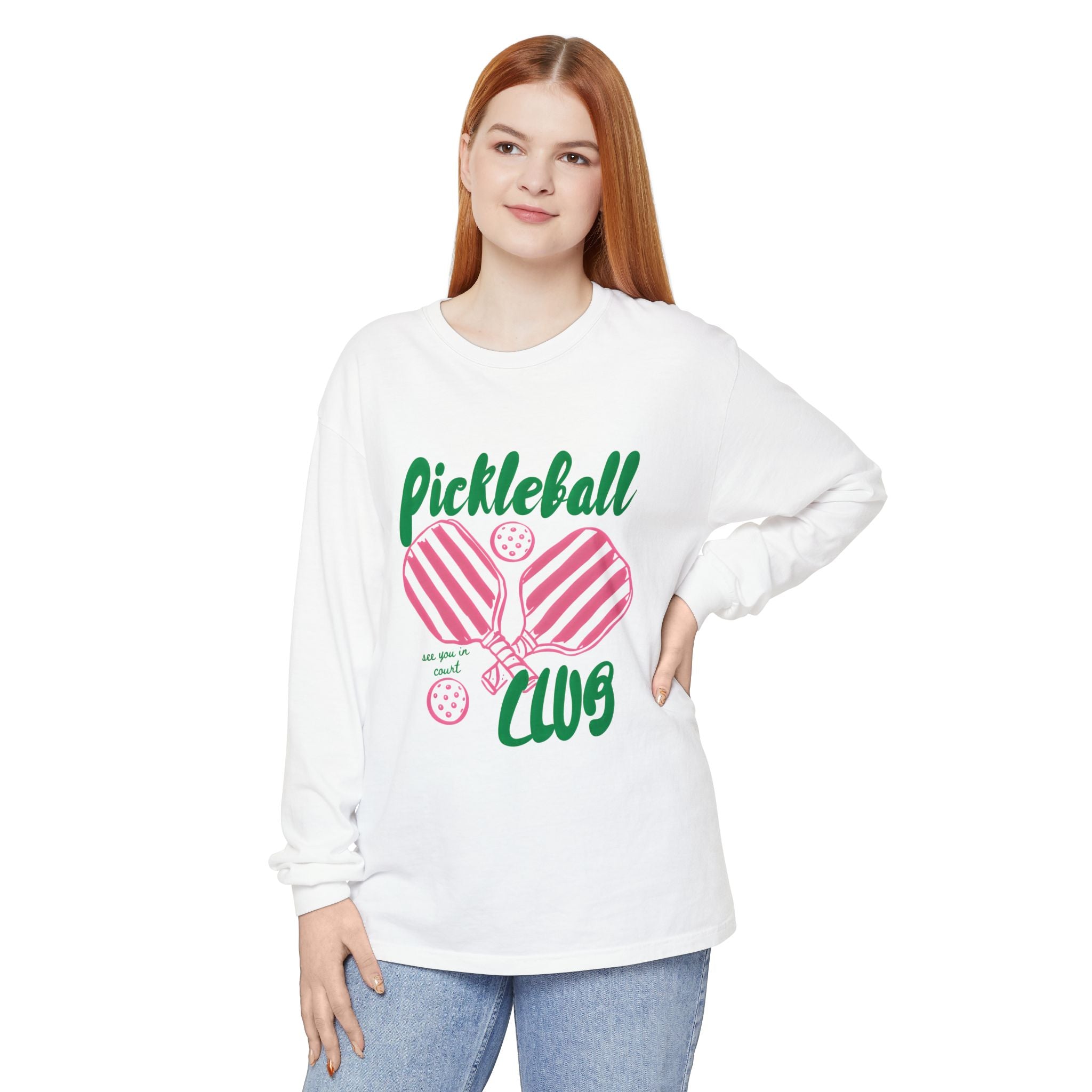 Pickleball Love Long Sleeve Tee – Women's Pink Paddle Graphic