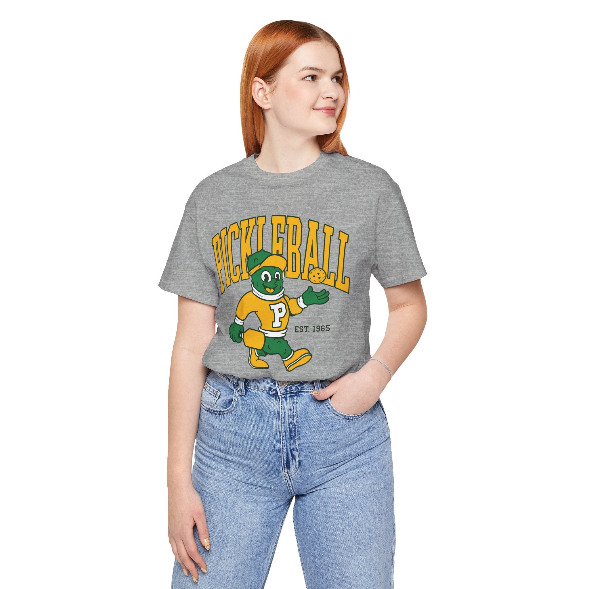 Pickleball Mascot T‑Shirt – Vintage Green & Gold “PICKLEBALL” Graphic (Est. 1965)