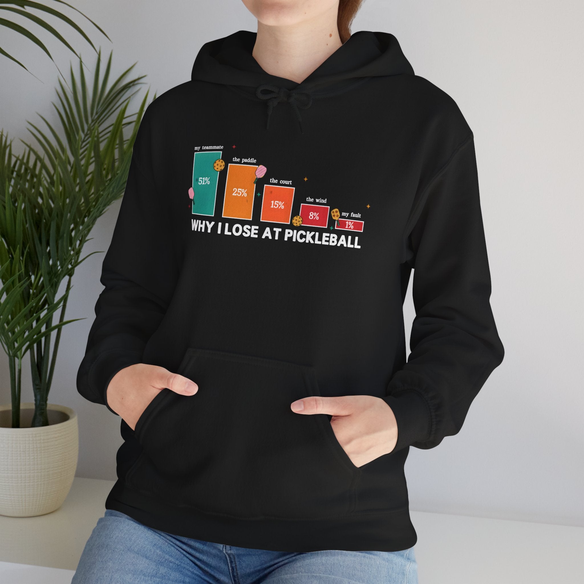 Pickleball Humor Hoodie – "Why I Lose at Pickleball" Bar Chart Graphic