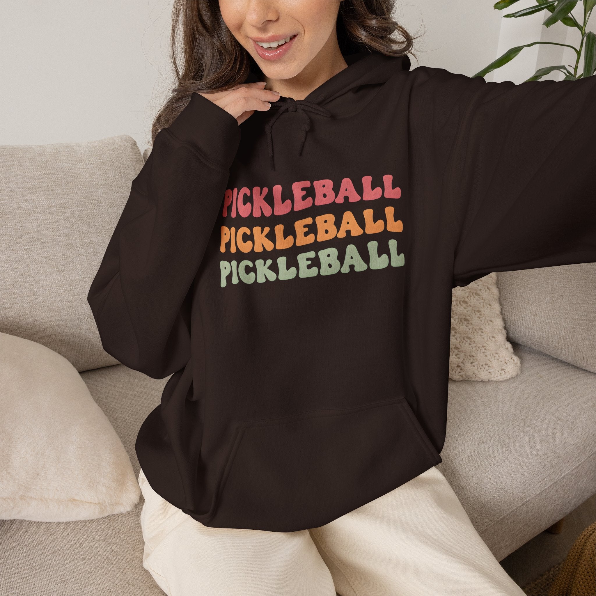 Pickleball Retro Text Hoodie — Repeated Pastel 'PICKLEBALL' Design