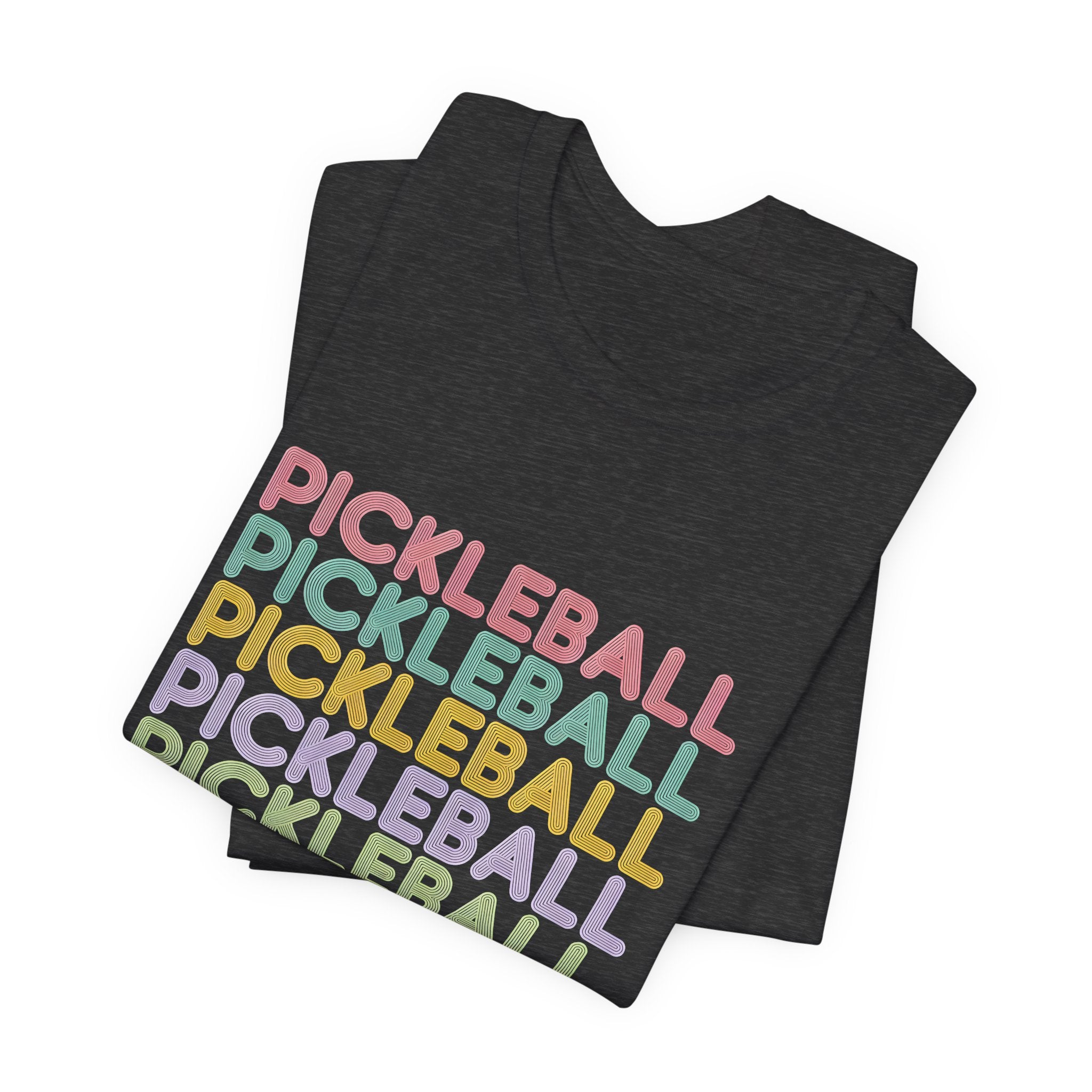Pickleball Retro Stack Tee — Colorful Repeated Text Graphic T-Shirt