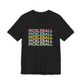 Pickleball Retro Stack Tee — Colorful Repeated Text Graphic T-Shirt