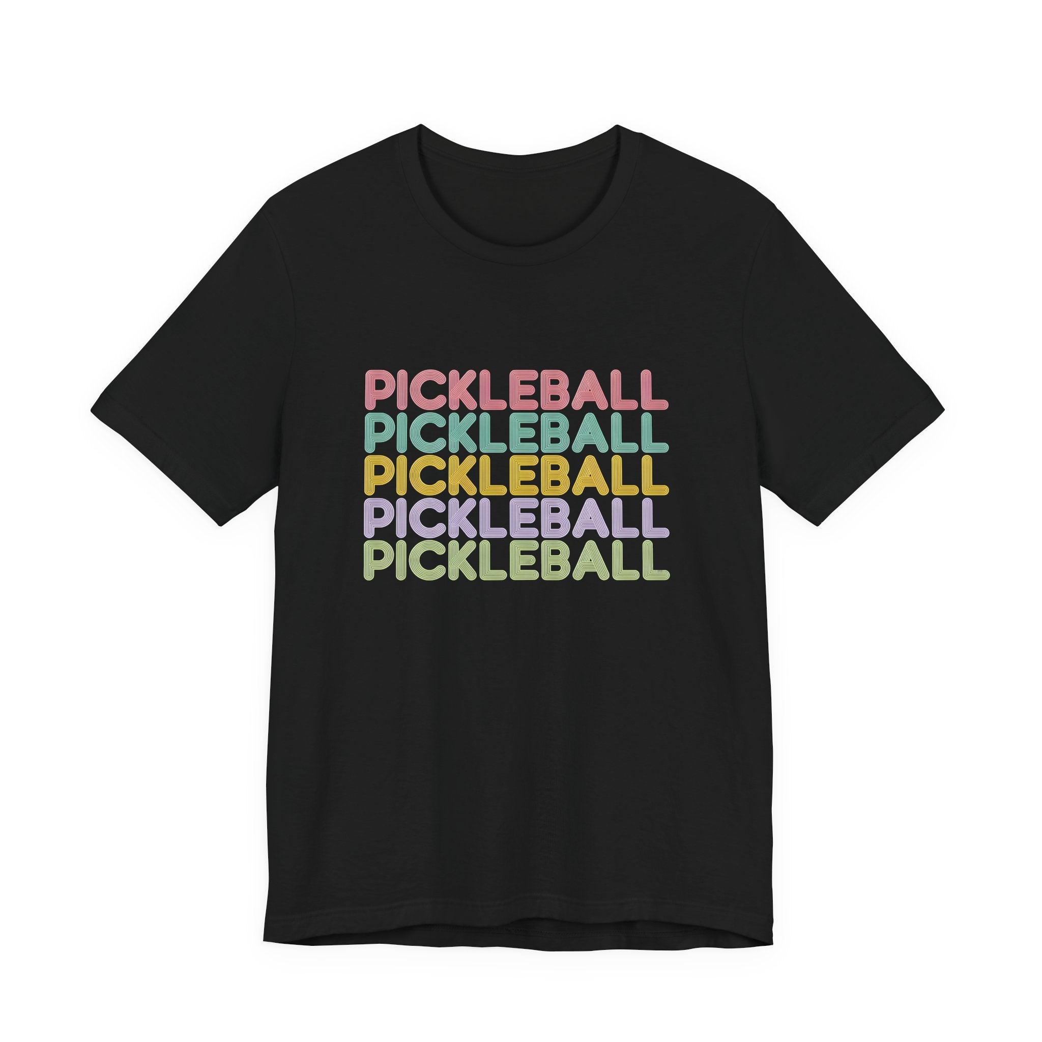 Pickleball Retro Stack Tee — Colorful Repeated Text Graphic T-Shirt