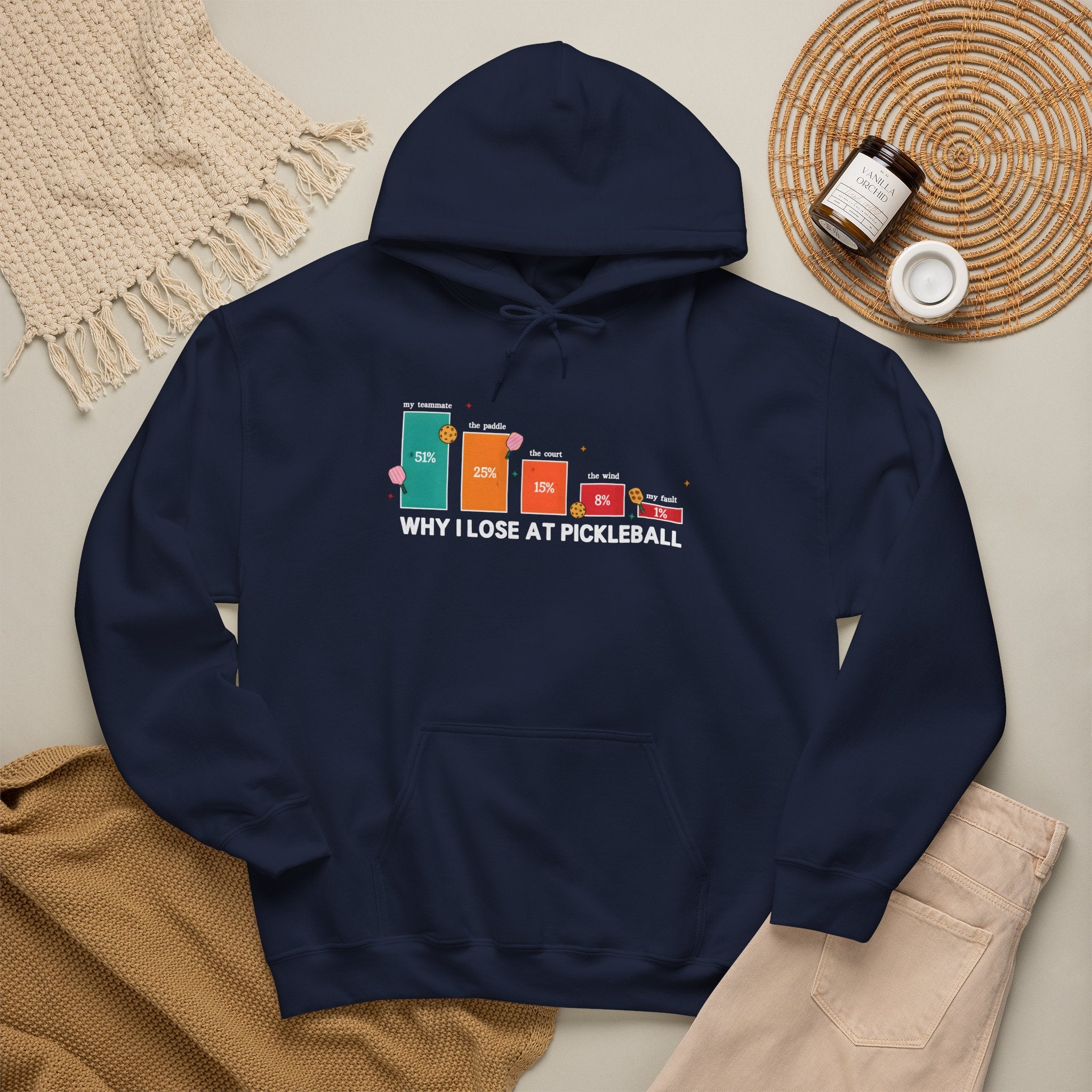 Pickleball Humor Hoodie – "Why I Lose at Pickleball" Bar Chart Graphic