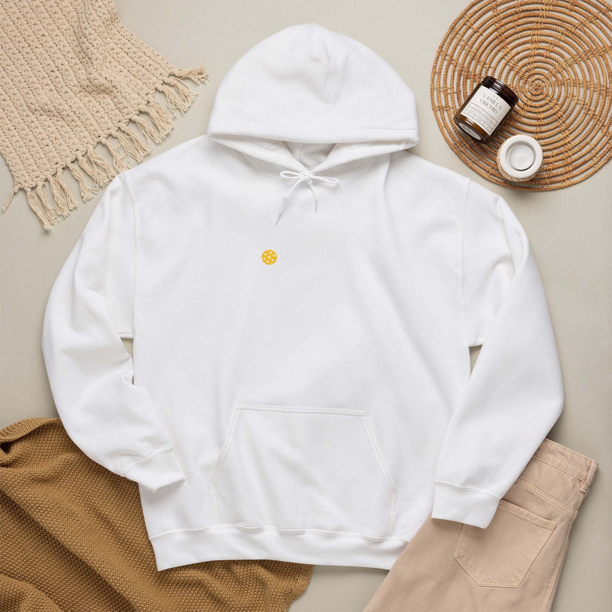Hoodie — Minimal Tiny Sun Chest Graphic, Casual Cozy Pullover