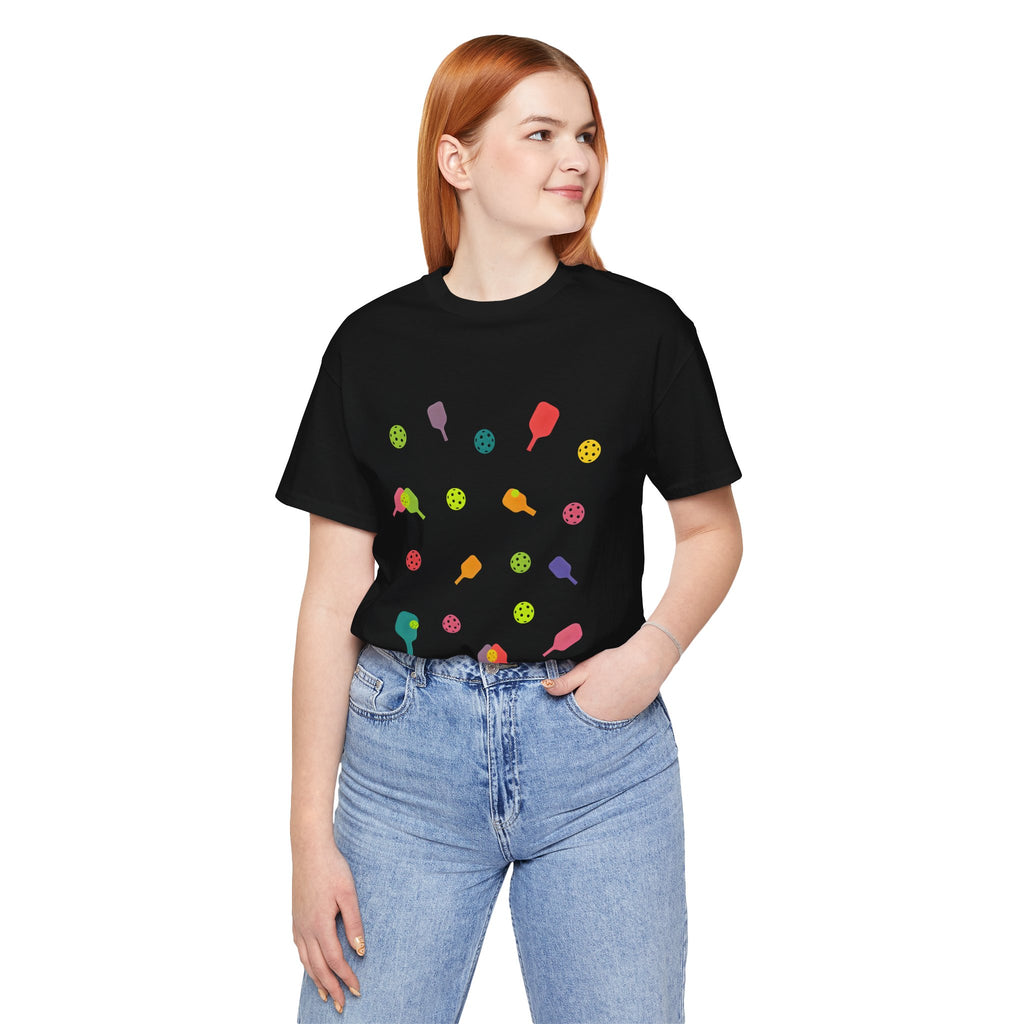 Pickleball Pattern Tee — Colorful Paddle & Ball Graphic T-Shirt