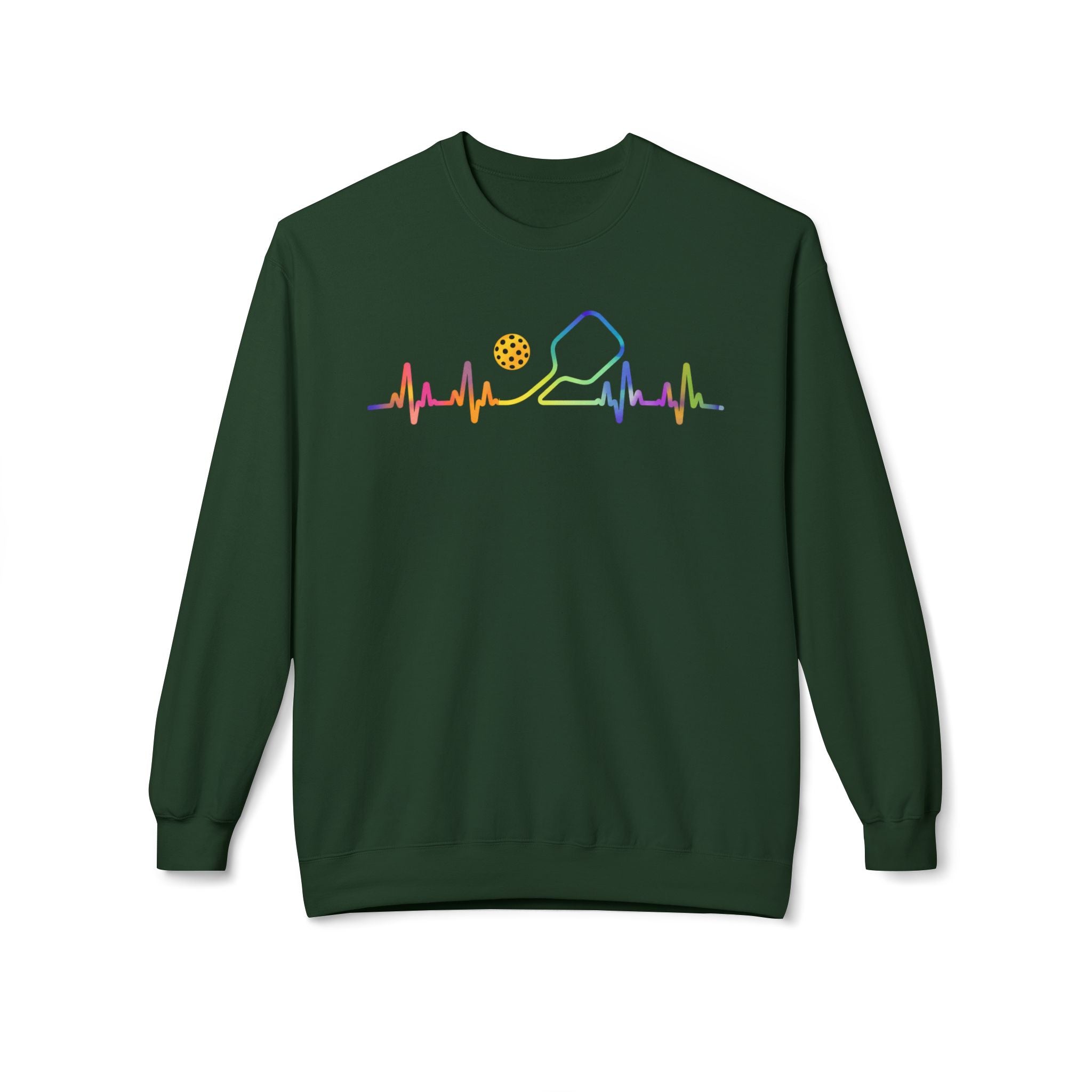 Pickleball Heartbeat Crewneck Sweatshirt — Rainbow Paddle & Ball Design