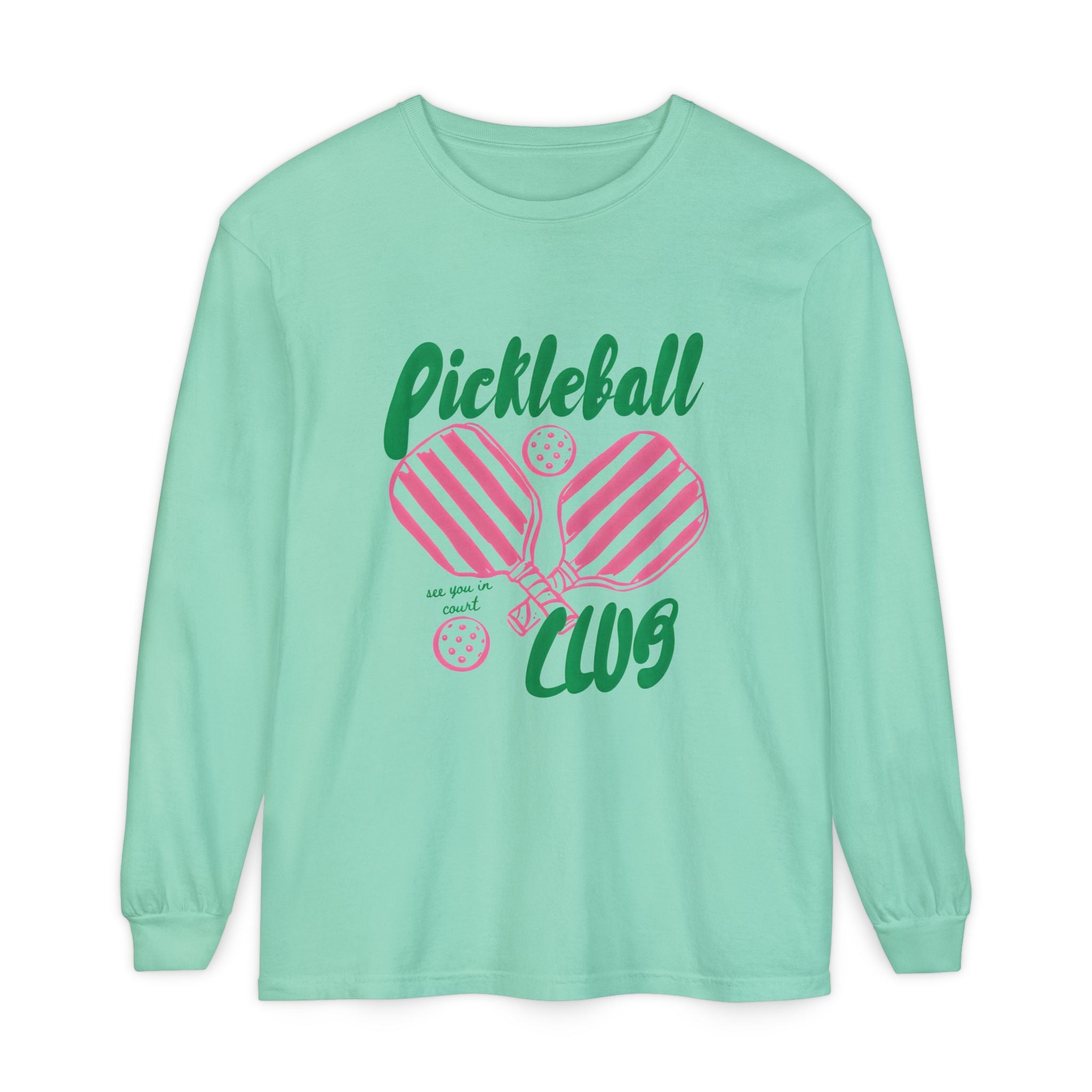 Pickleball Love Long Sleeve Tee – Women's Pink Paddle Graphic
