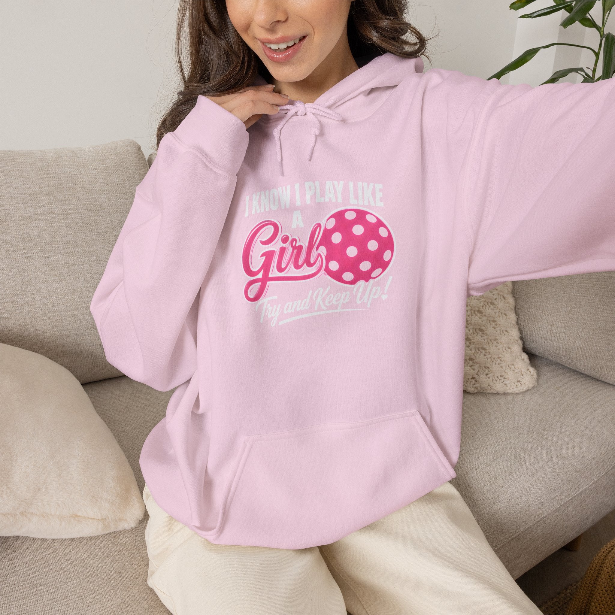 Pickleball Hoodie - "I Know I Play Like a Girl" Pink Paddle Design