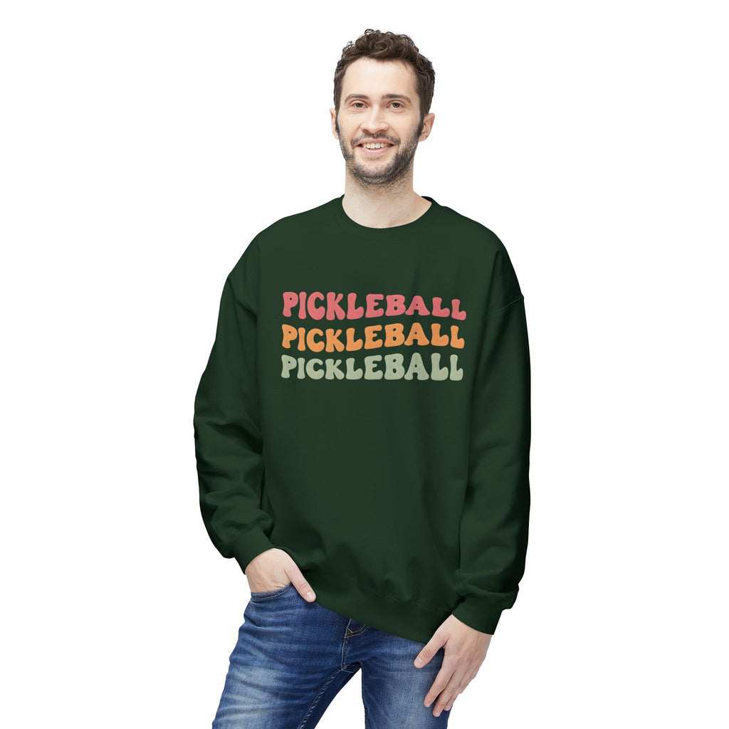 Pickleball Repeat Crewneck Sweatshirt — Retro Rainbow Pickleball Design