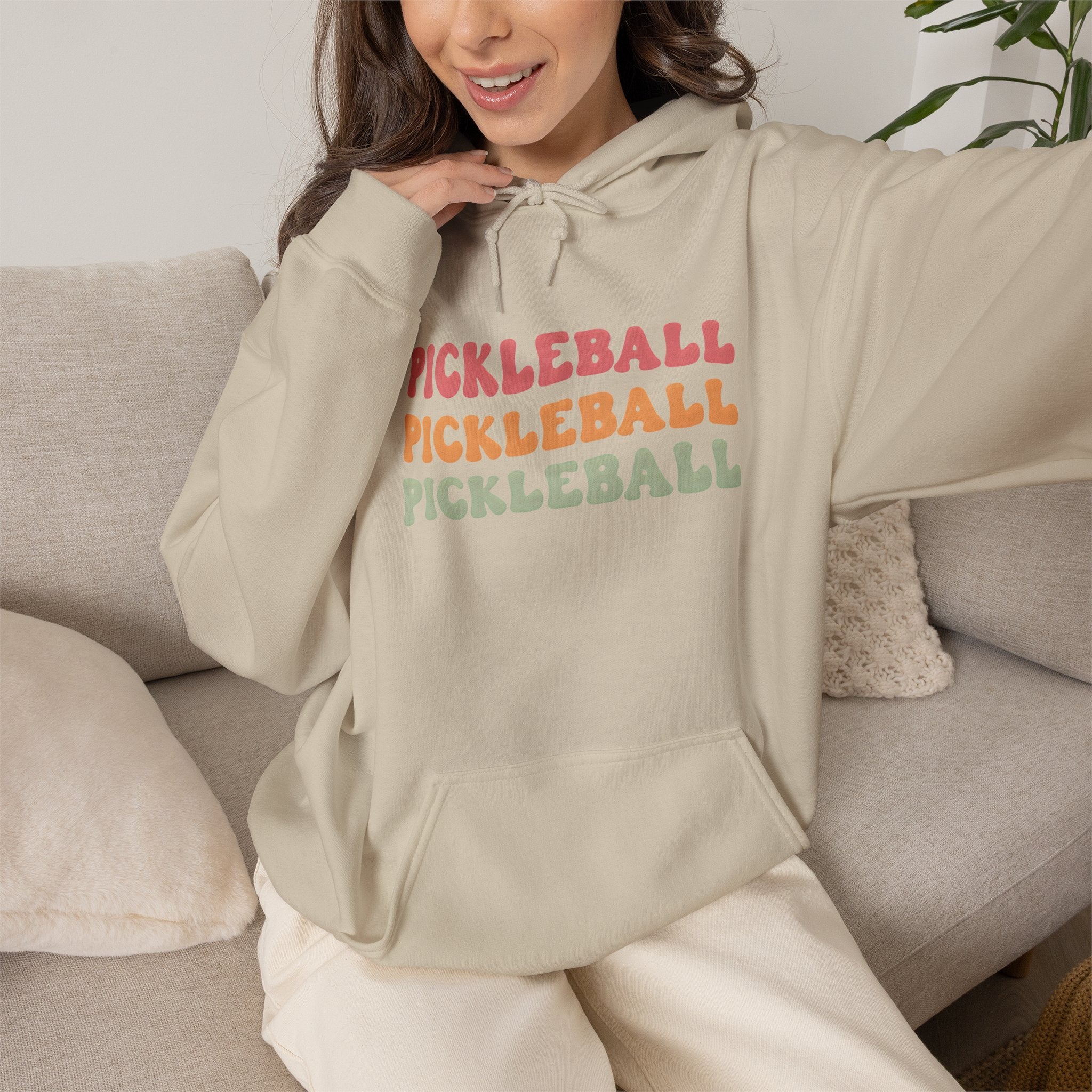 Pickleball Retro Text Hoodie — Repeated Pastel 'PICKLEBALL' Design