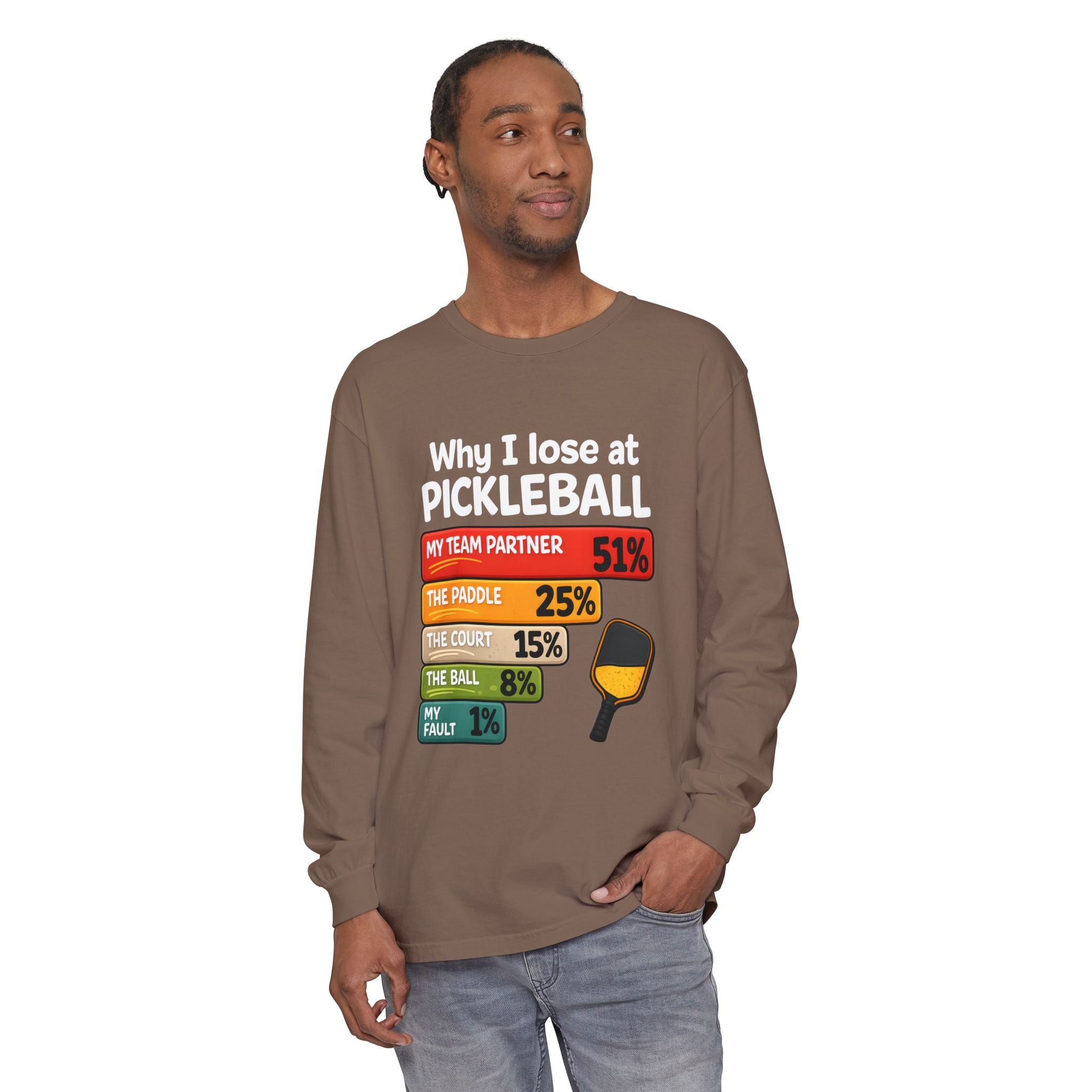 Pickleball Humor Long Sleeve Tee — "My Team Partner 51%" Statistic Graphic