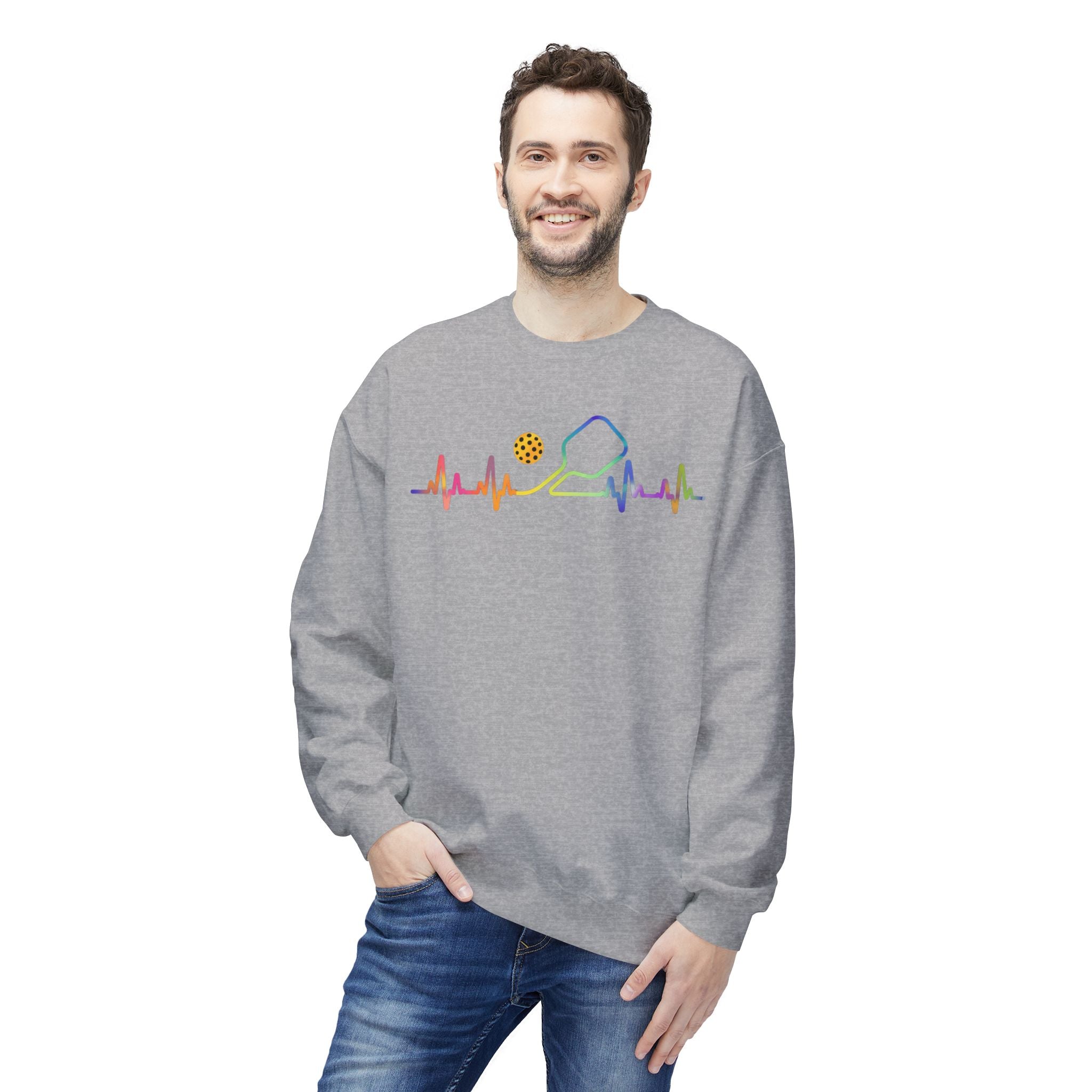 Pickleball Heartbeat Crewneck Sweatshirt — Rainbow Paddle & Ball Design