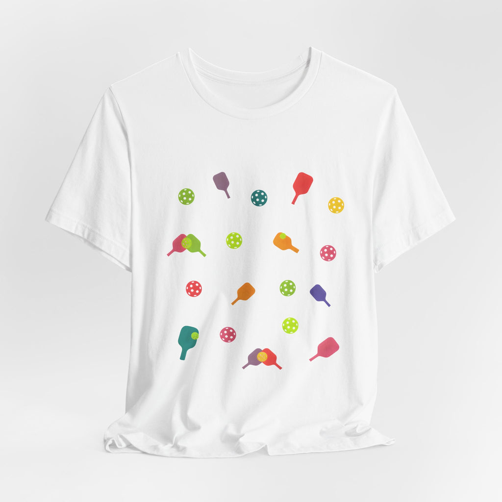 Pickleball Pattern Tee — Colorful Paddle & Ball Graphic T-Shirt