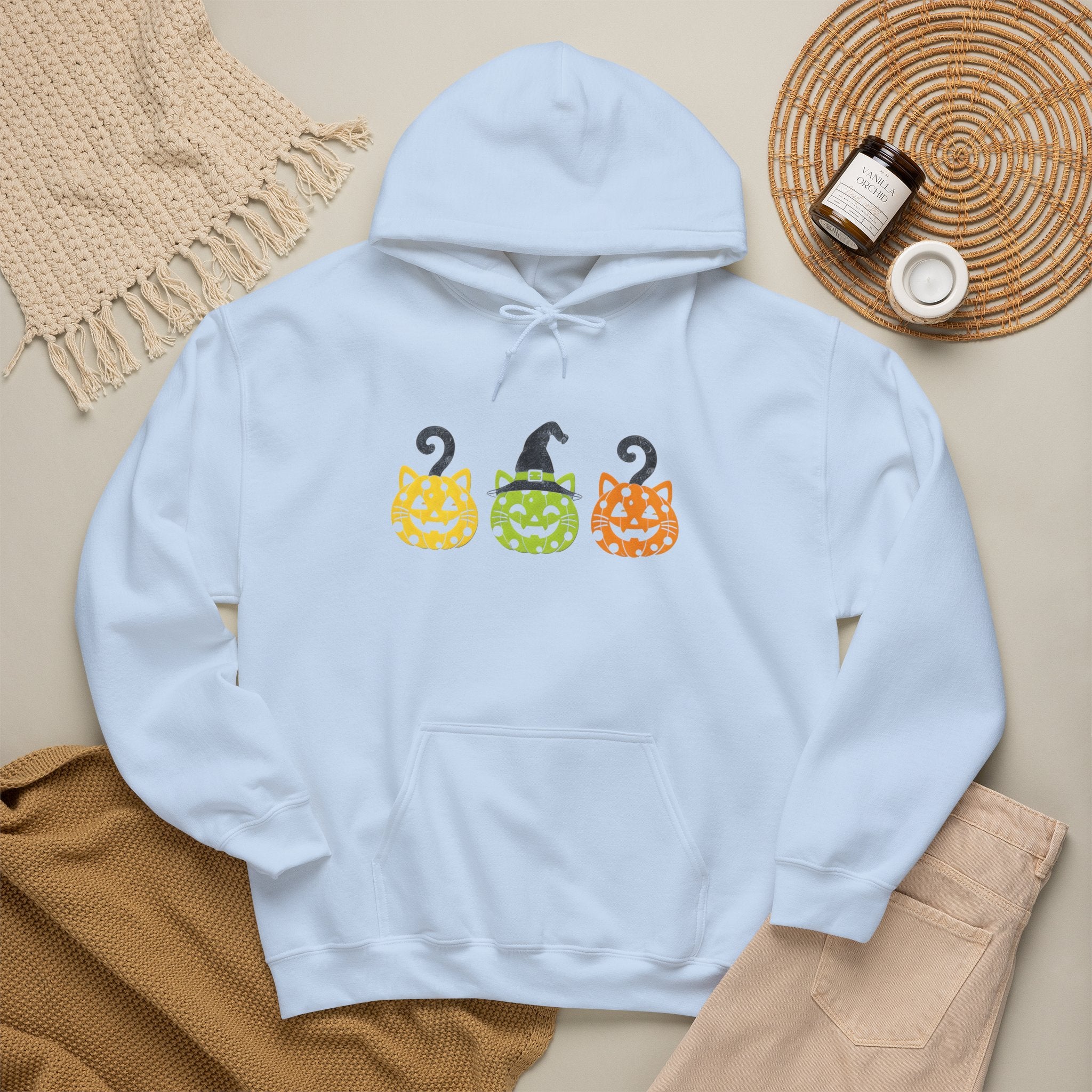 Pumpkin Trio Halloween Hoodie — Cute Witch Hat Jack-o'-Lantern Sweatshirt