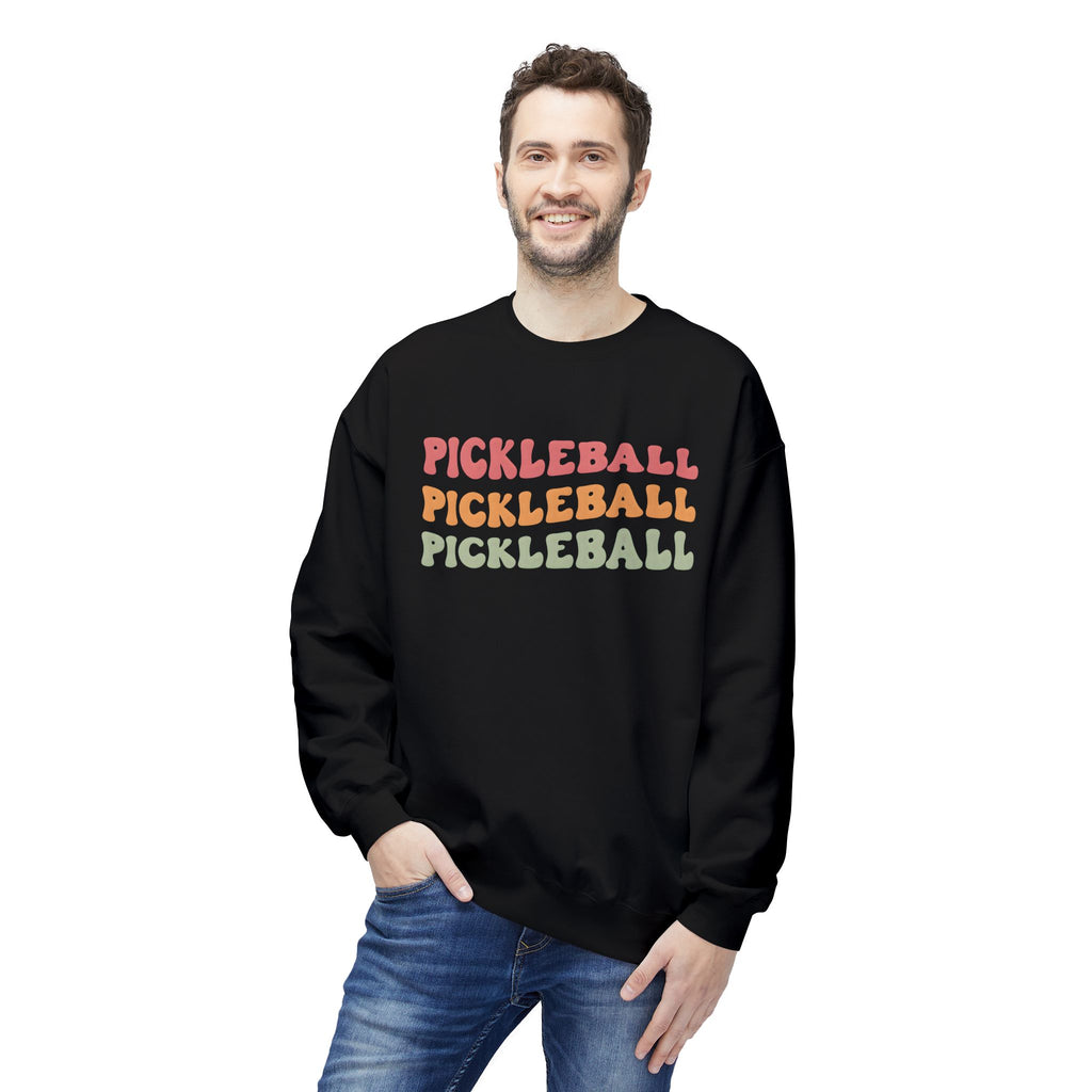 Pickleball Repeat Crewneck Sweatshirt — Retro Rainbow Pickleball Design