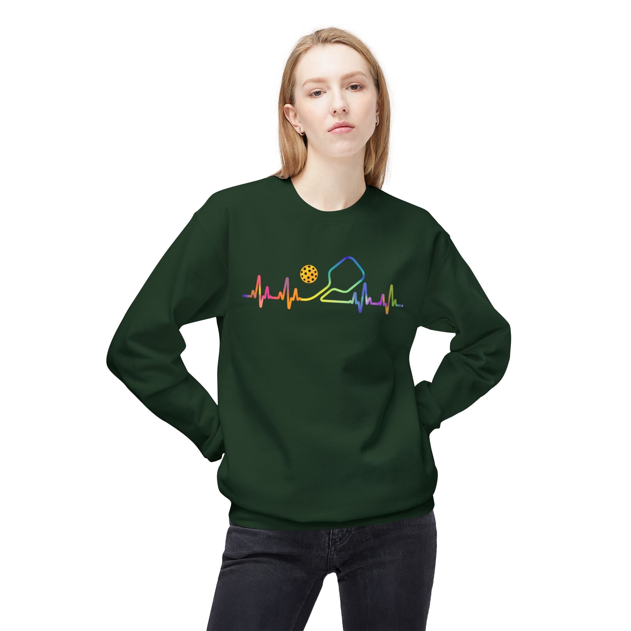 Pickleball Heartbeat Crewneck Sweatshirt — Rainbow Paddle & Ball Design