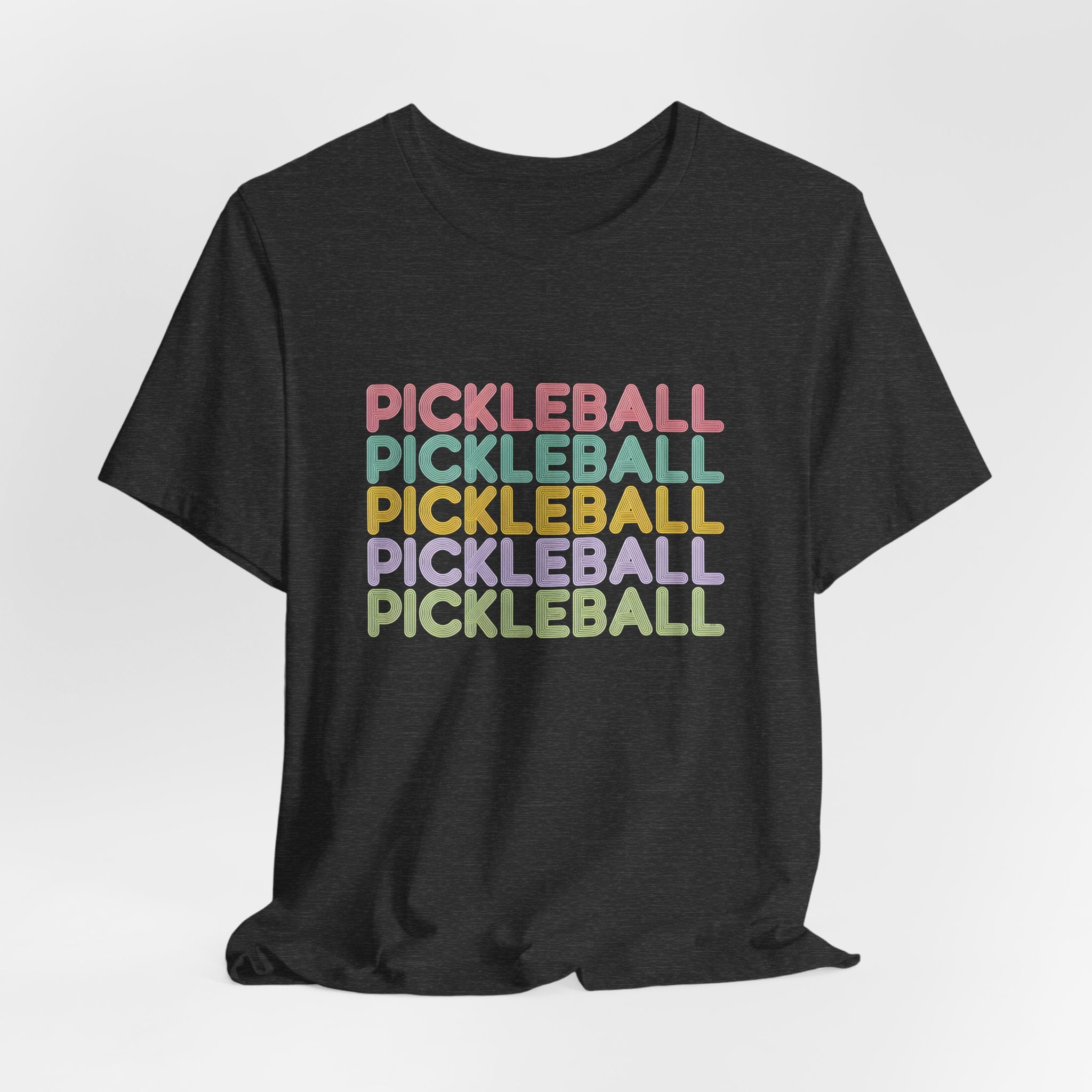 Pickleball Retro Stack Tee — Colorful Repeated Text Graphic T-Shirt