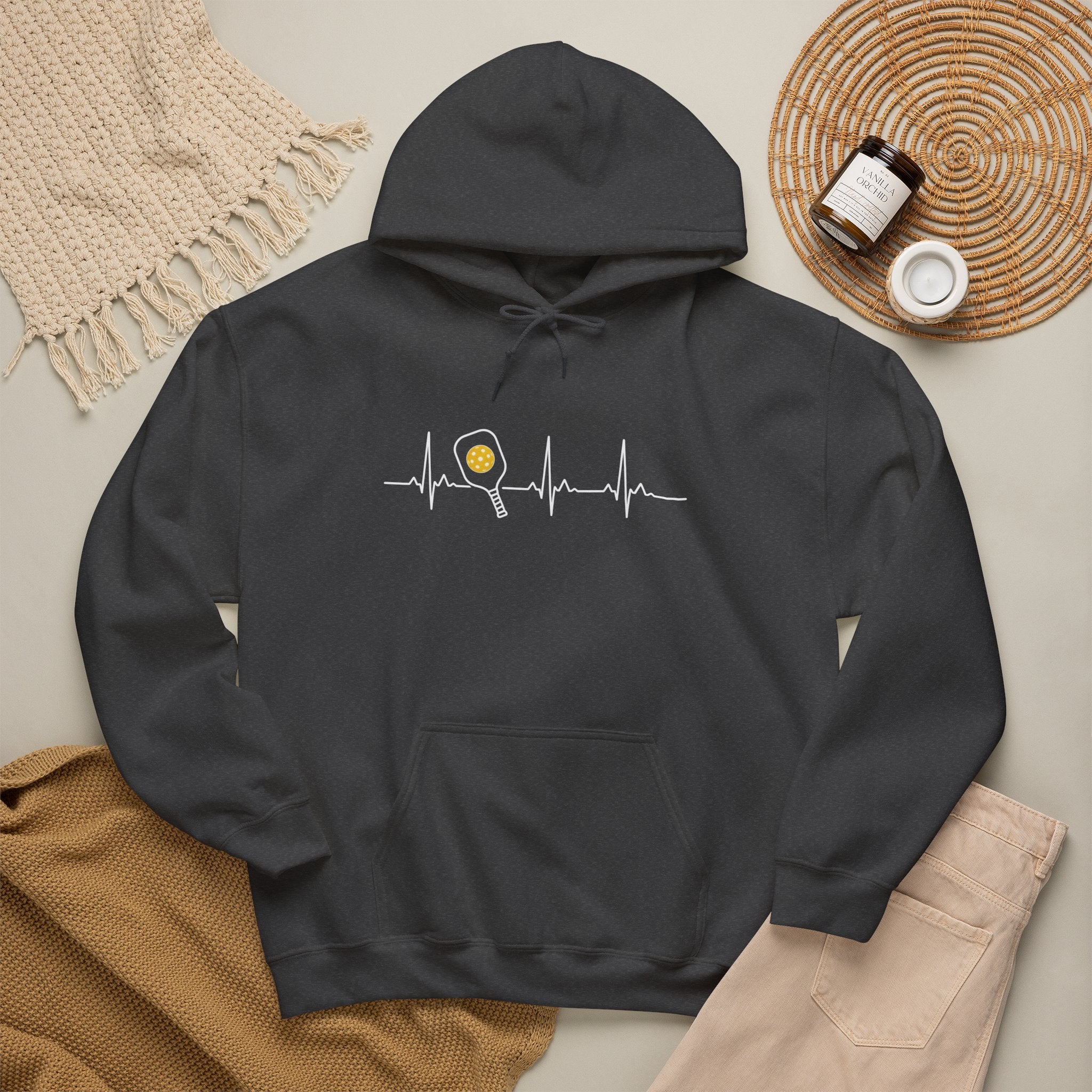 Hoodie — Minimal Tiny Sun Chest Graphic, Casual Cozy Pullover