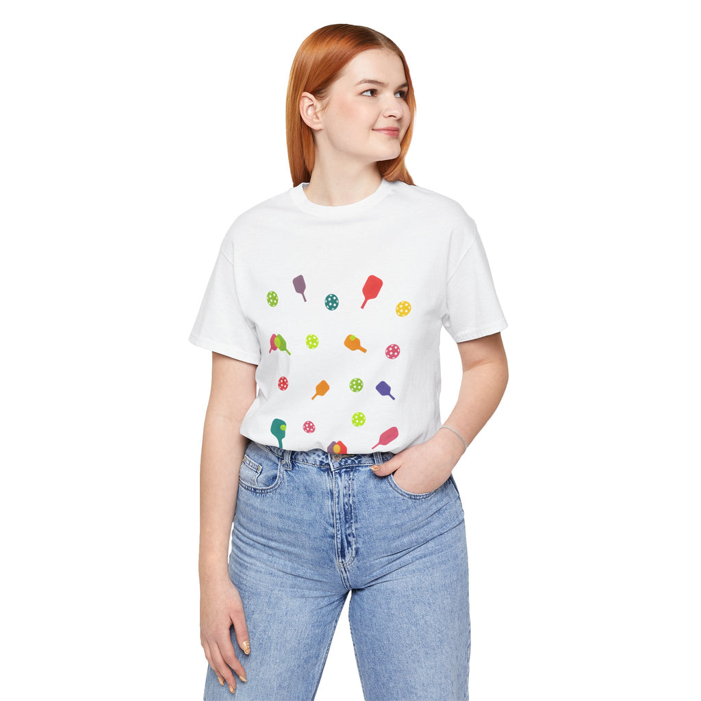 Pickleball Pattern Tee — Colorful Paddle & Ball Graphic T-Shirt
