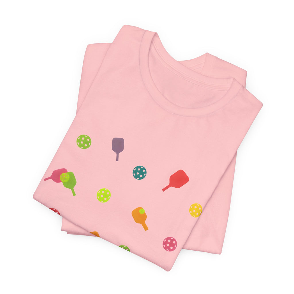 Pickleball Pattern Tee — Colorful Paddle & Ball Graphic T-Shirt