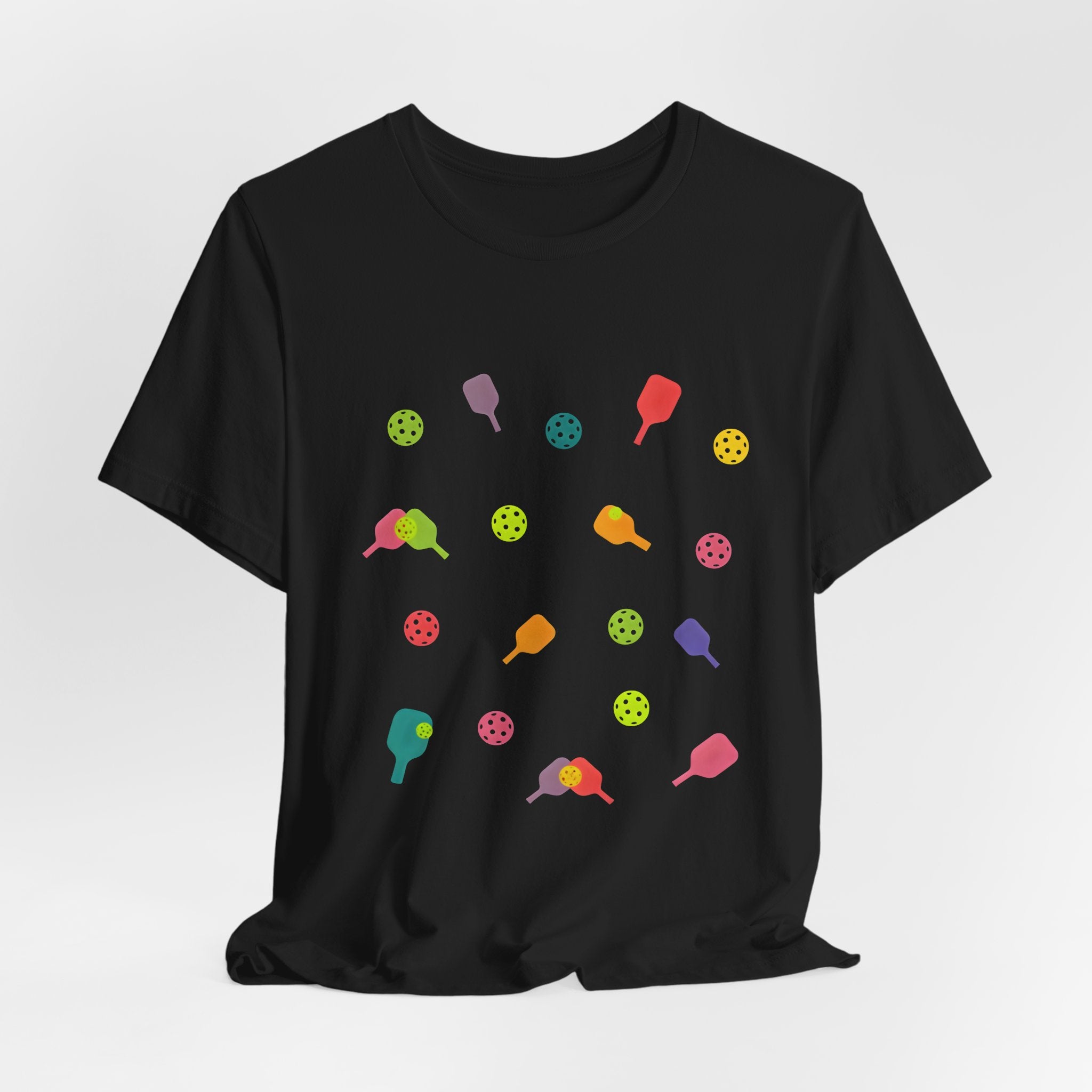 Pickleball Pattern Tee — Colorful Paddle & Ball Graphic T-Shirt