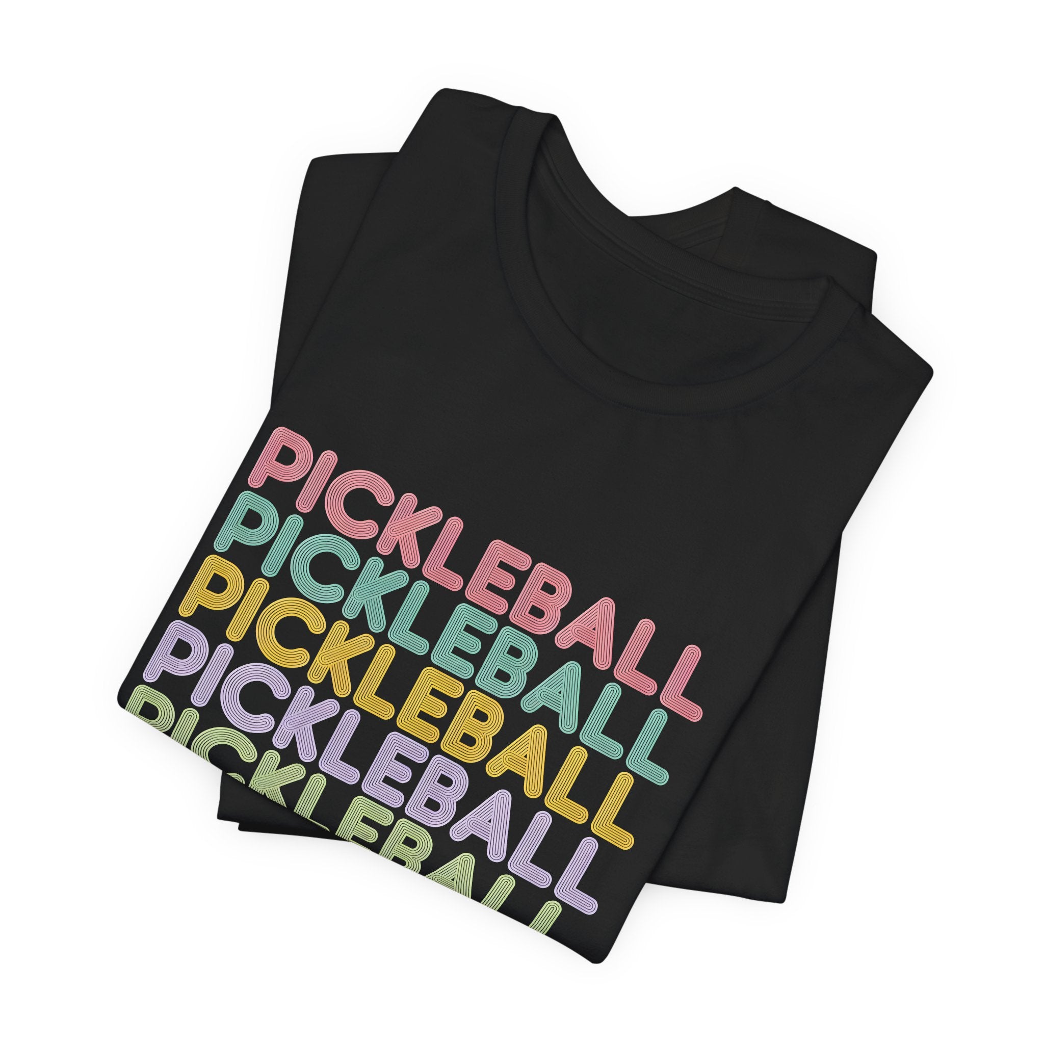 Pickleball Retro Stack Tee — Colorful Repeated Text Graphic T-Shirt