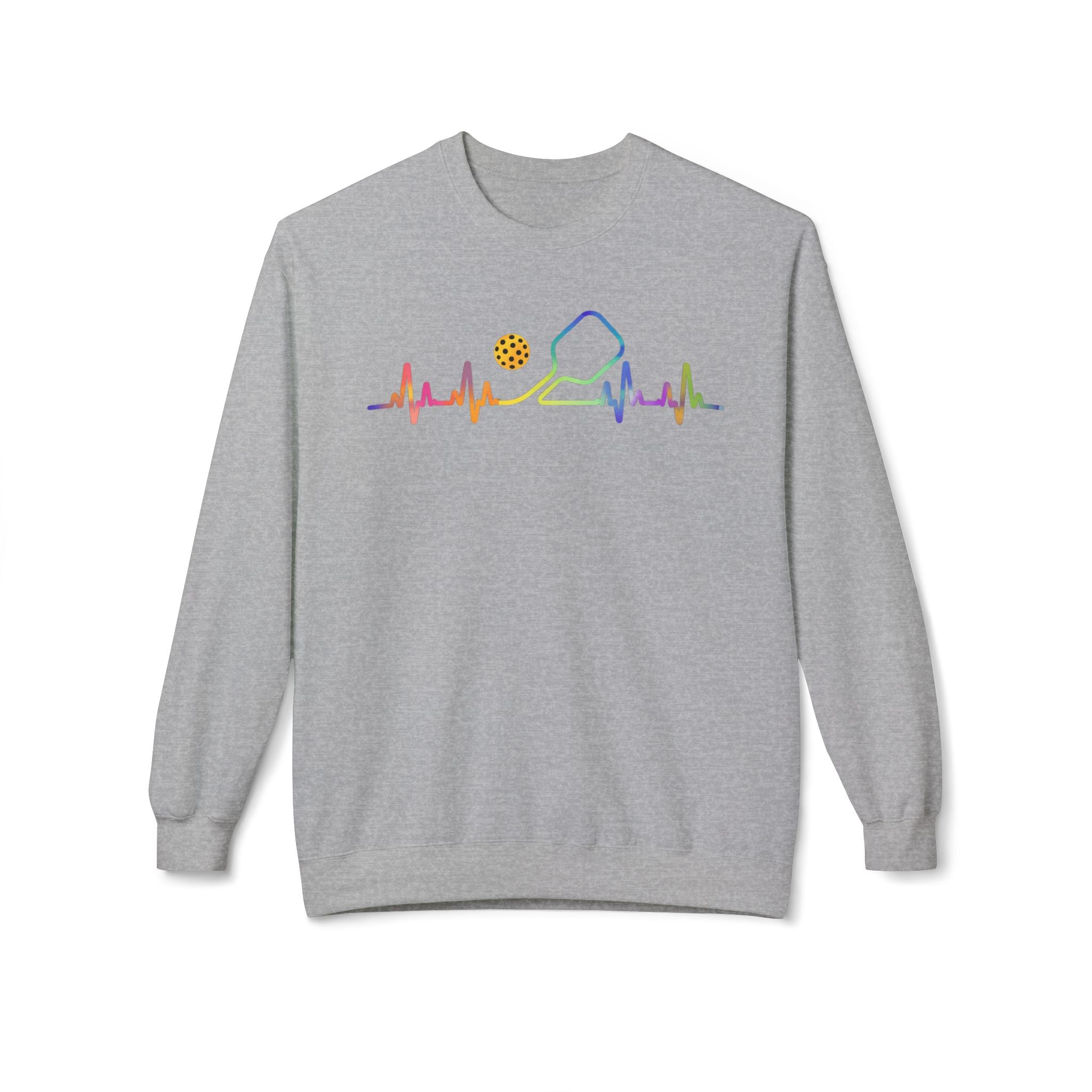 Pickleball Heartbeat Crewneck Sweatshirt — Rainbow Paddle & Ball Design