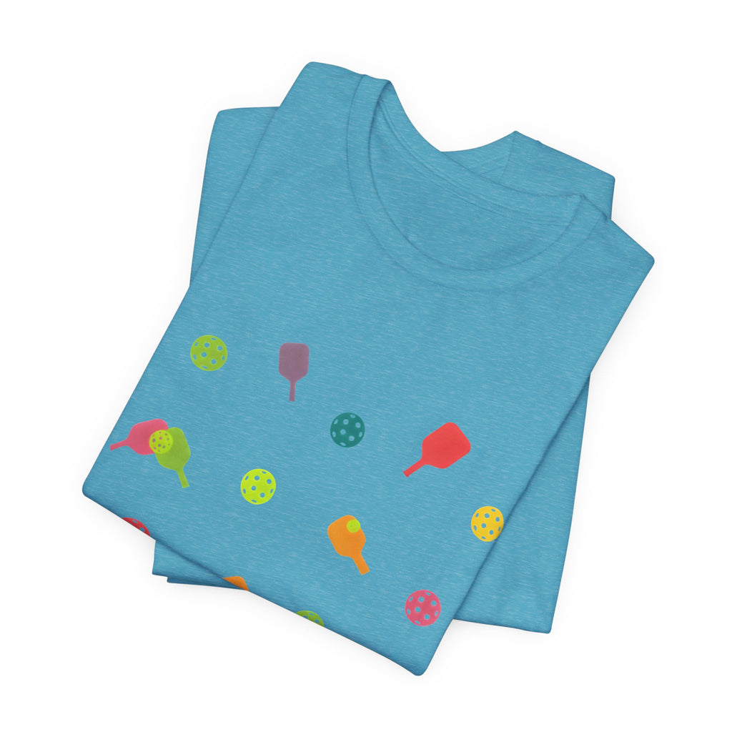 Pickleball Pattern Tee — Colorful Paddle & Ball Graphic T-Shirt