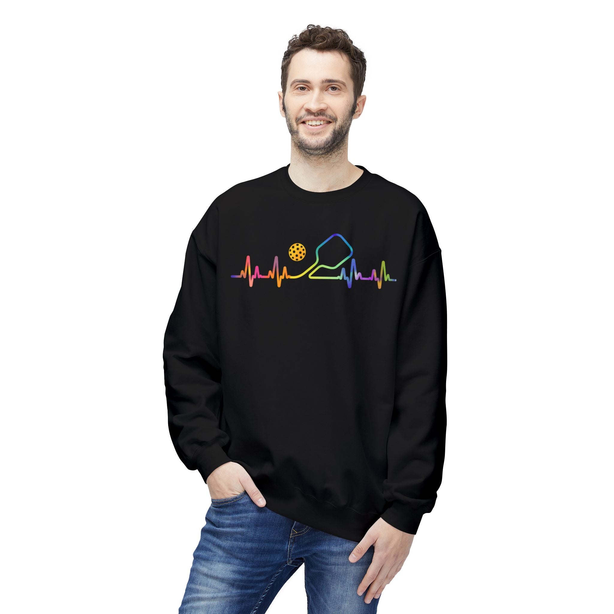 Pickleball Heartbeat Crewneck Sweatshirt — Rainbow Paddle & Ball Design