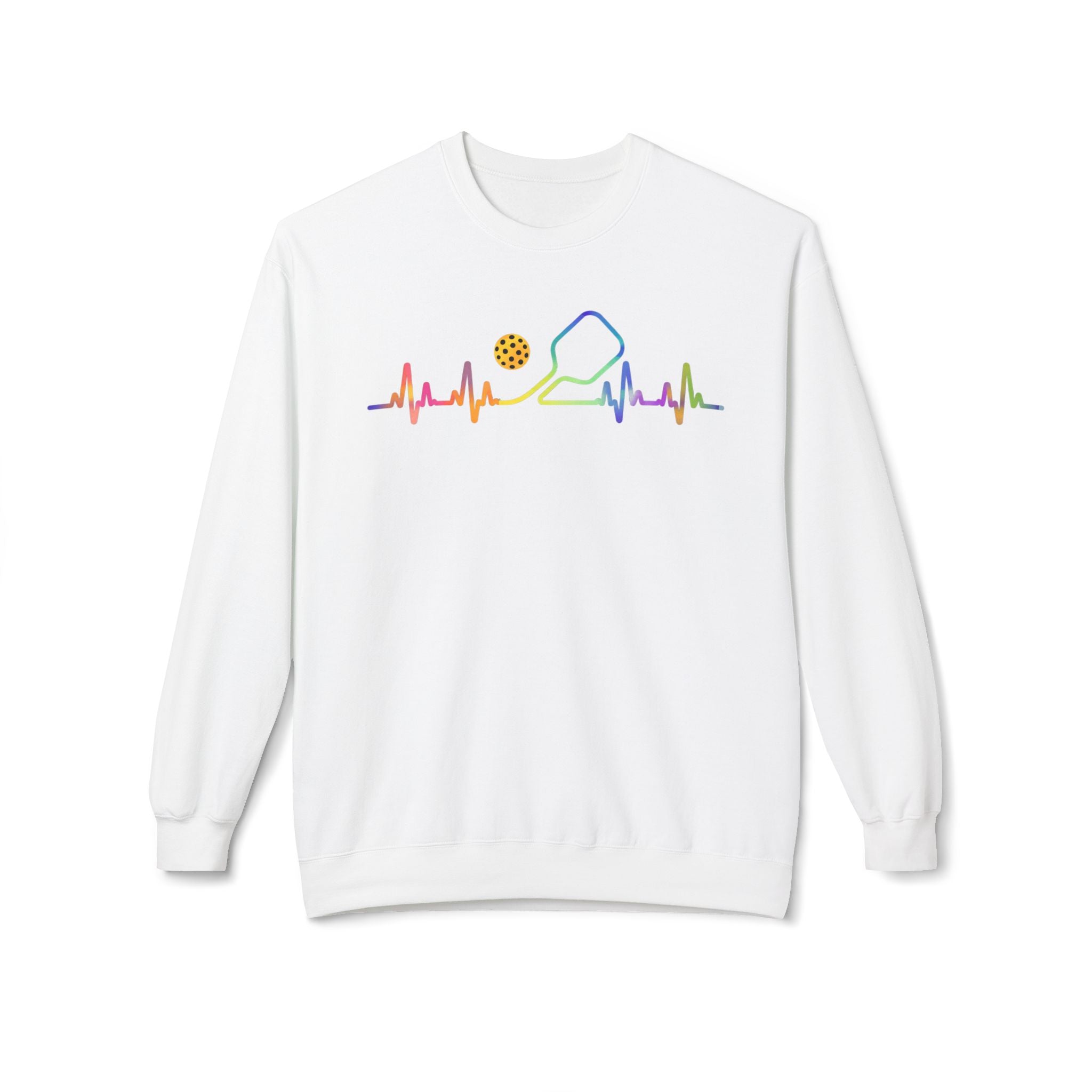 Pickleball Heartbeat Crewneck Sweatshirt — Rainbow Paddle & Ball Design