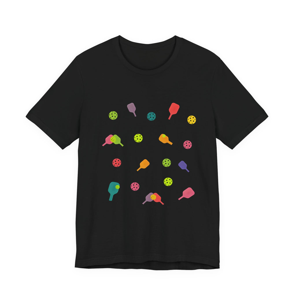 Pickleball Pattern Tee — Colorful Paddle & Ball Graphic T-Shirt