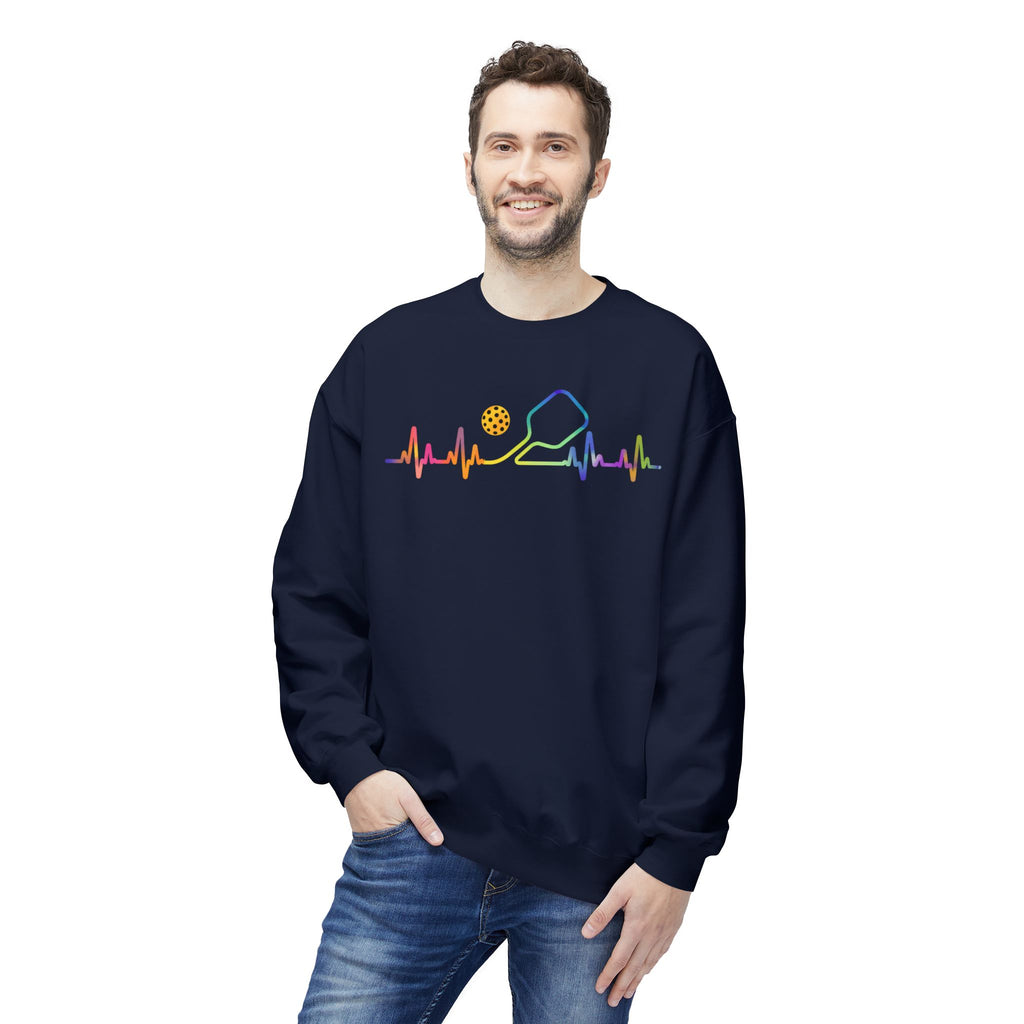Pickleball Heartbeat Crewneck Sweatshirt — Rainbow Paddle & Ball Design