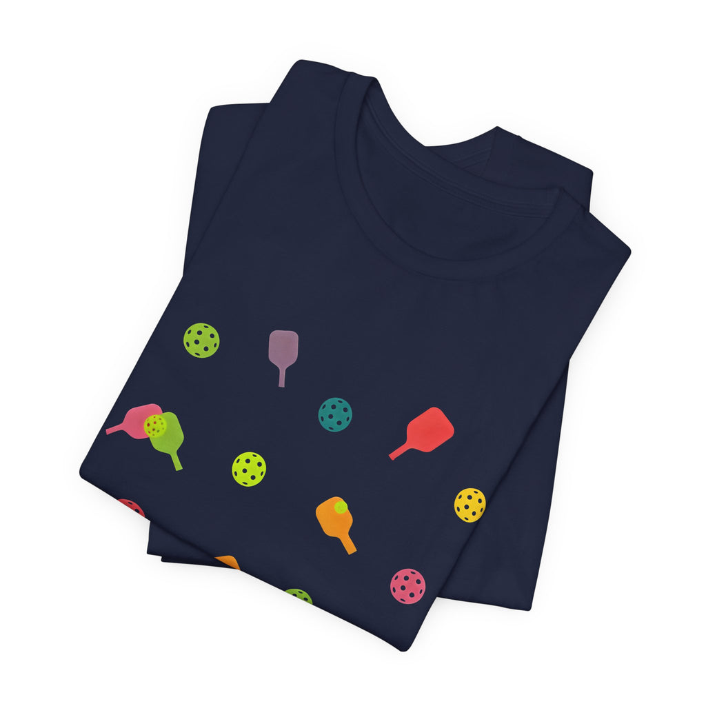 Pickleball Pattern Tee — Colorful Paddle & Ball Graphic T-Shirt