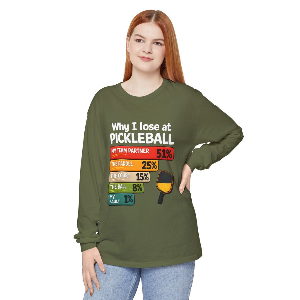 Pickleball Humor Long Sleeve Tee — "My Team Partner 51%" Statistic Graphic
