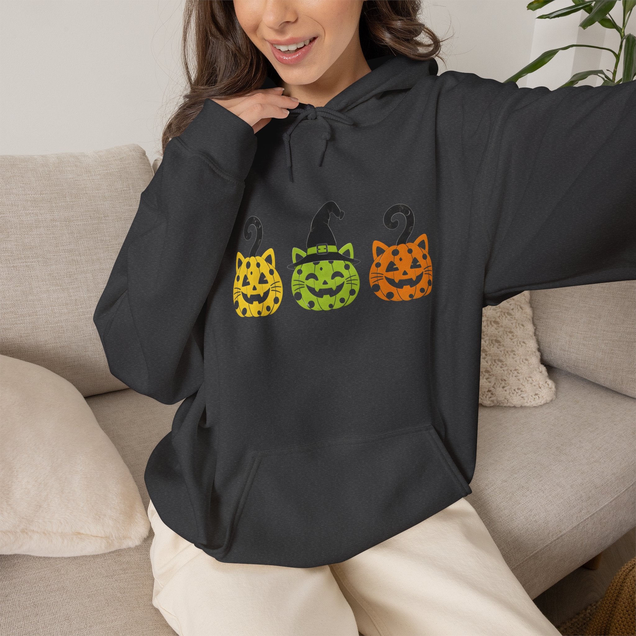 Pumpkin Trio Halloween Hoodie — Cute Witch Hat Jack-o'-Lantern Sweatshirt