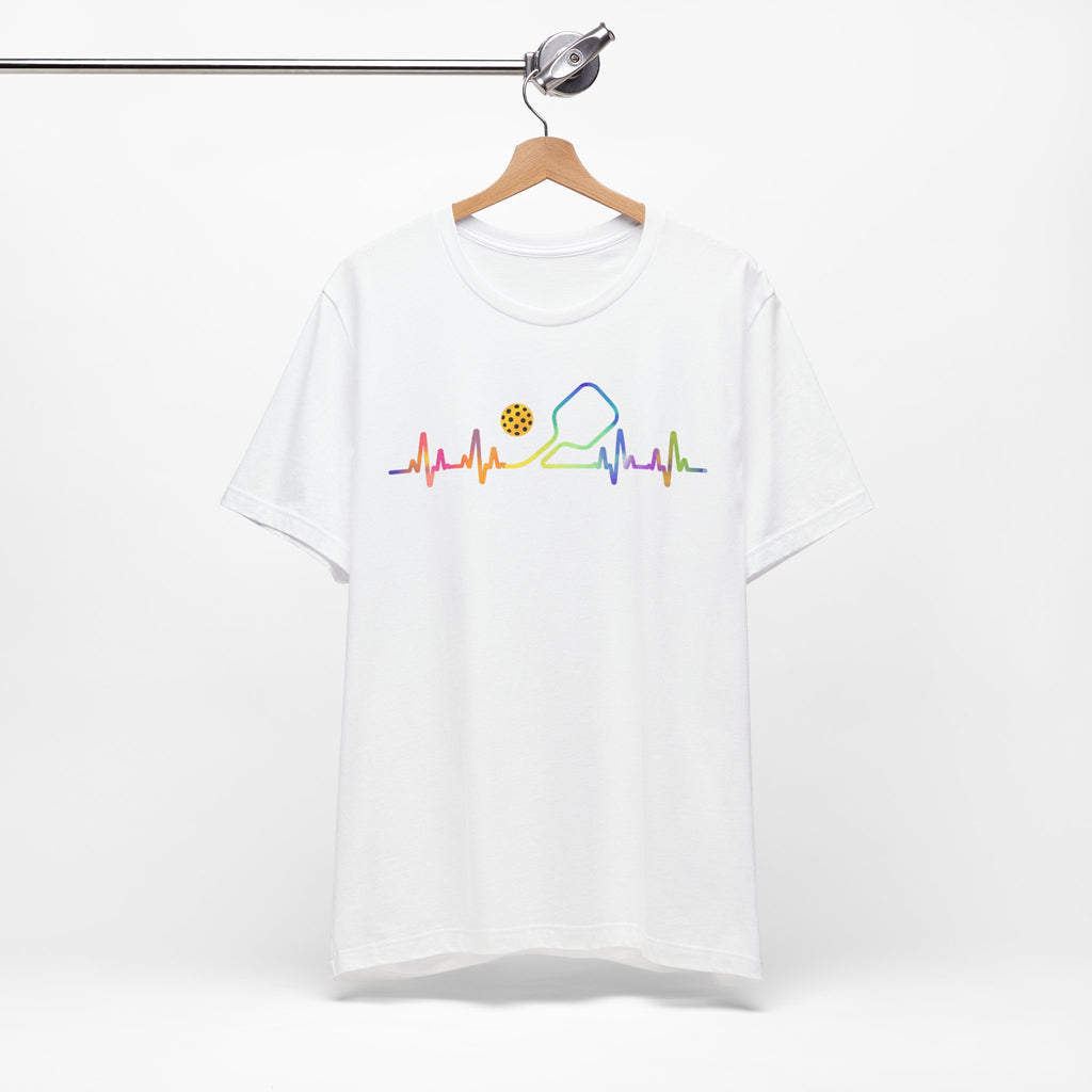 Ping Pong Heartbeat T-Shirt — Rainbow Table Tennis Paddle & Ball Tee