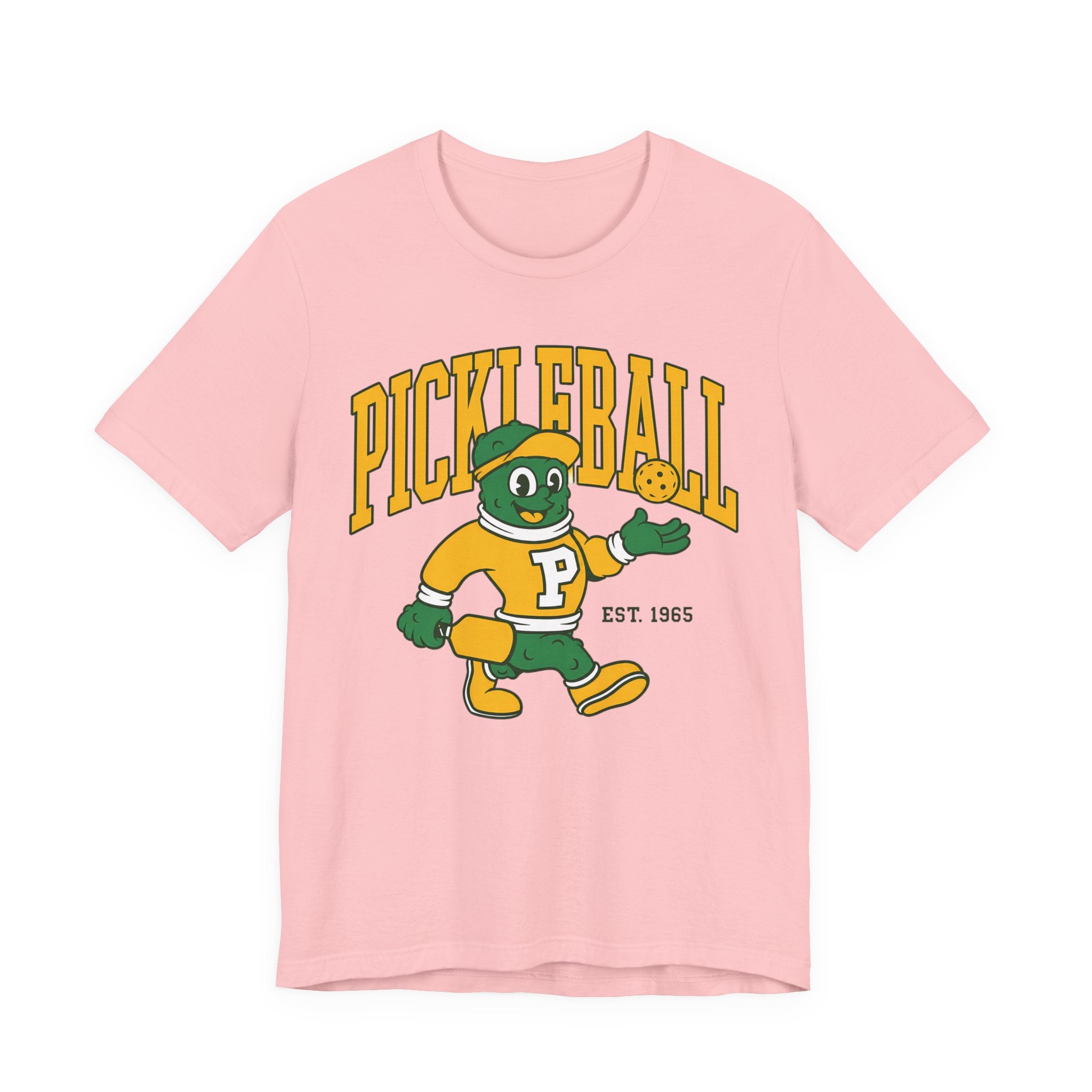 Pickleball Mascot T‑Shirt – Vintage Green & Gold “PICKLEBALL” Graphic (Est. 1965)