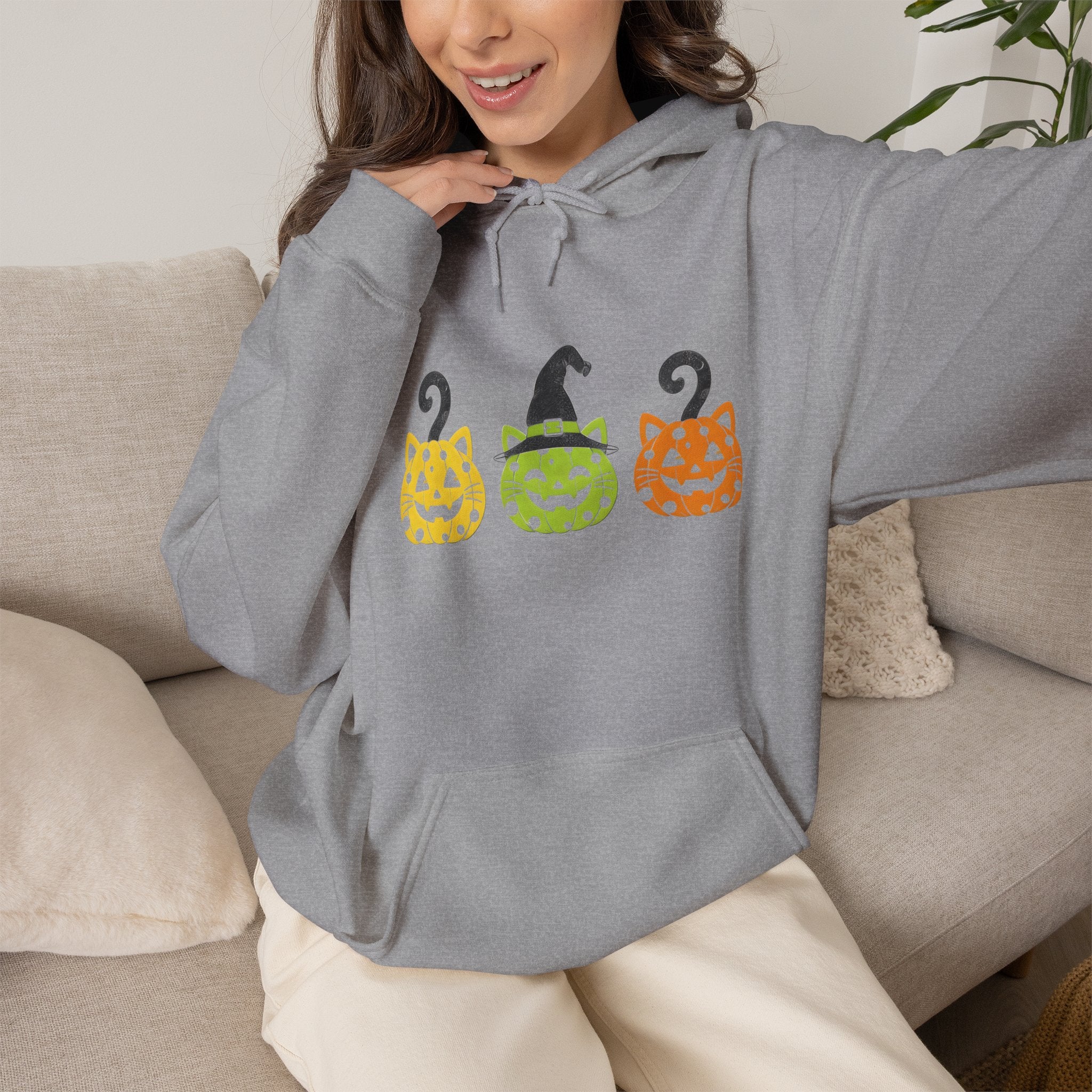 Pumpkin Trio Halloween Hoodie — Cute Witch Hat Jack-o'-Lantern Sweatshirt