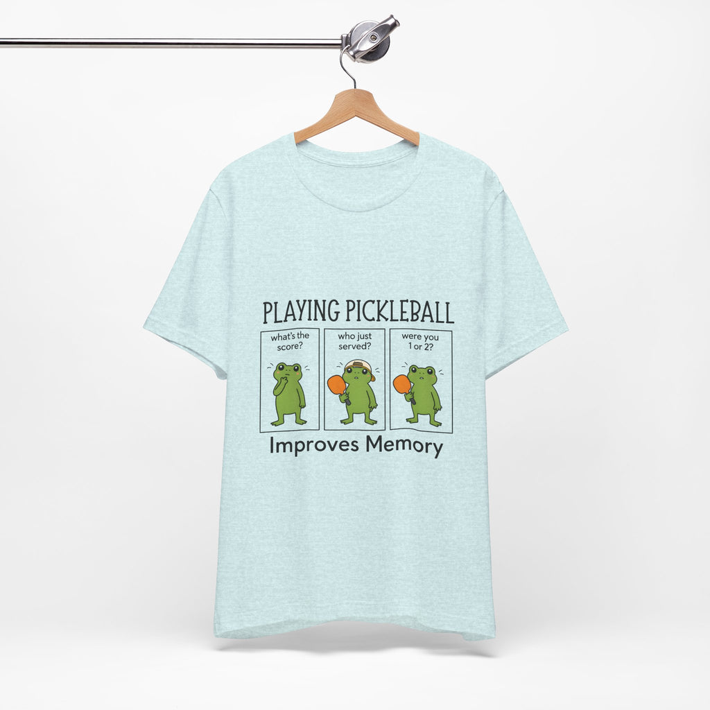 Pickleball T‑Shirt – Funny Frog Comic 'Playing Pickleball Improves Memory'