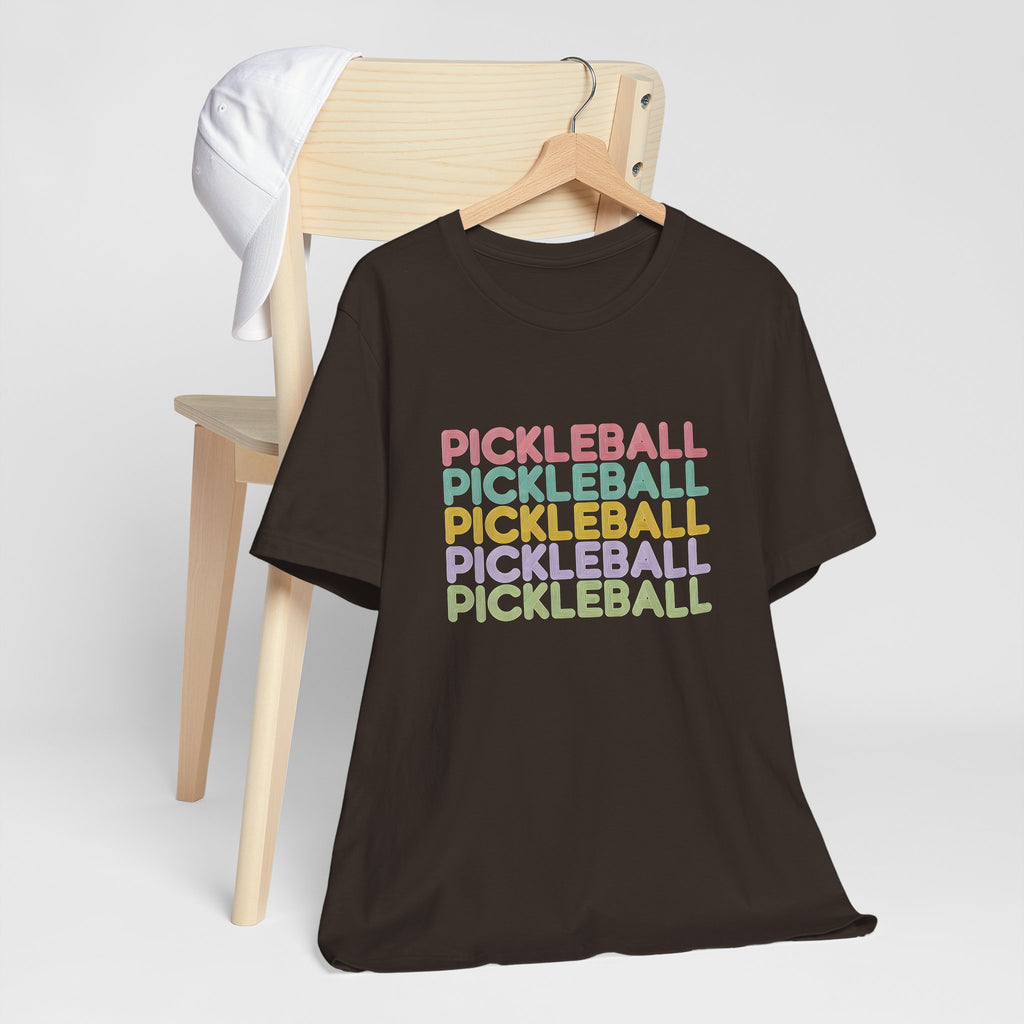 Pickleball Retro Stack Tee — Colorful Repeated Text Graphic T-Shirt